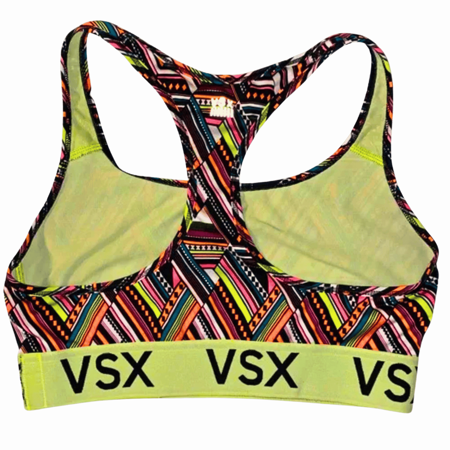 Colorful sports bra with geometric pattern and 'VSX' branding on a gray background