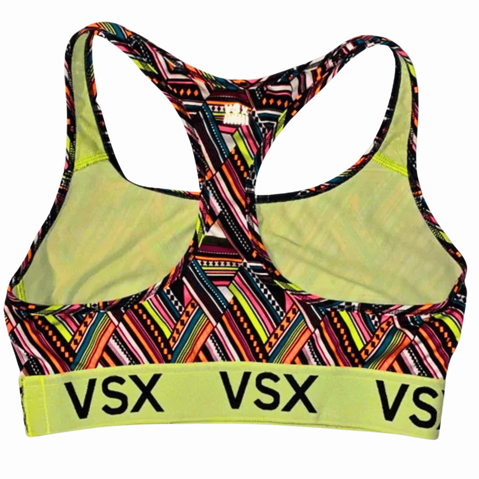 Colorful sports bra with geometric pattern and 'VSX' branding on a gray background