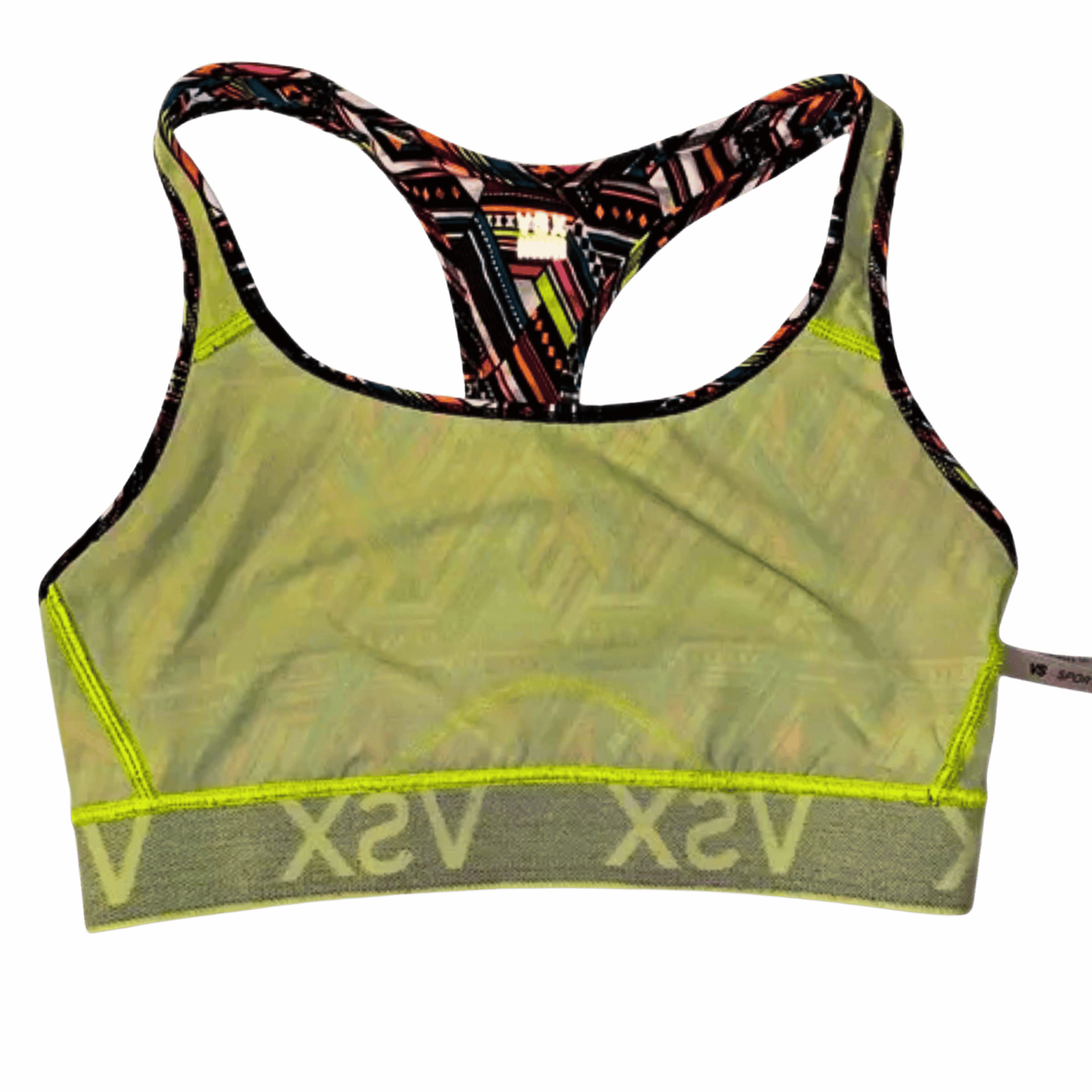 Sports bra with colorful patterned straps on a gray background