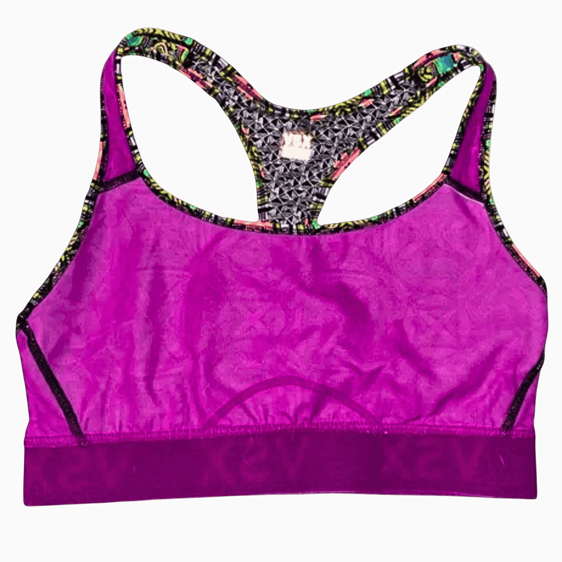 Purple sports bra with colorful straps on a purple background