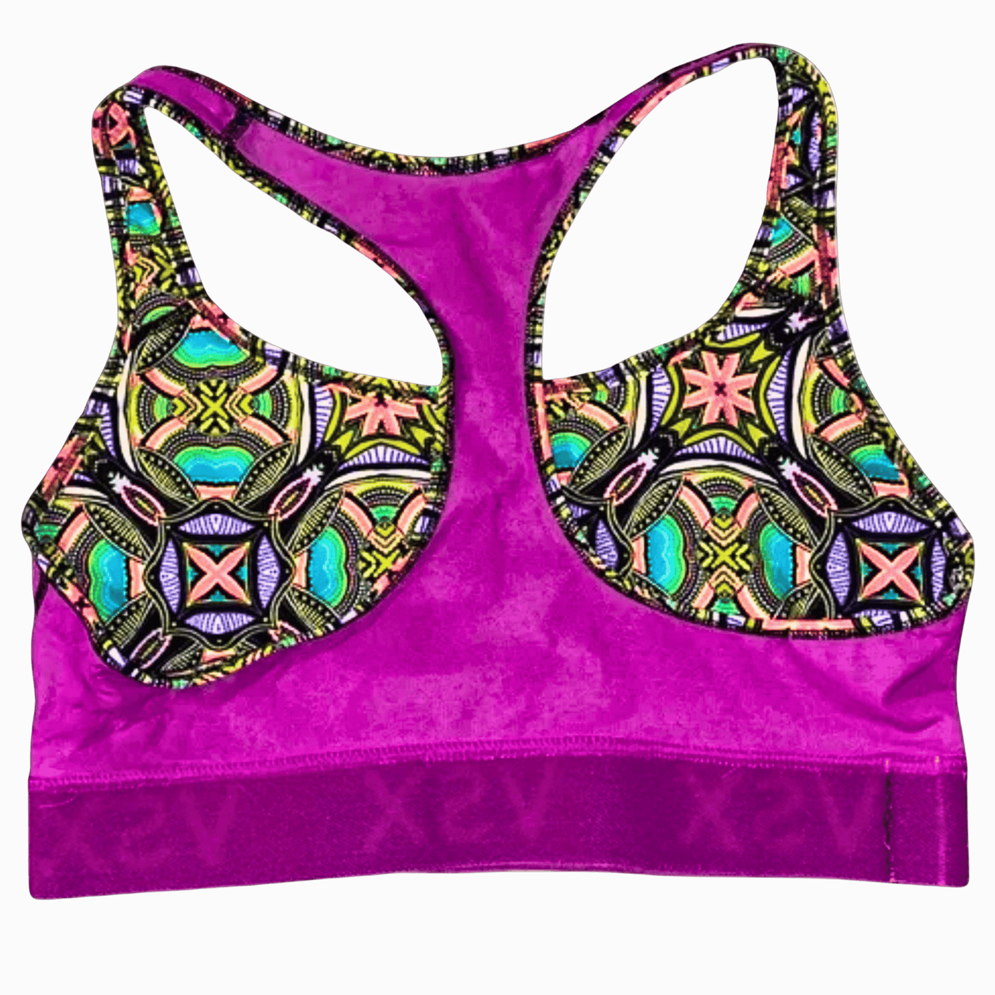 Purple sports bra with colorful geometric pattern on a black background