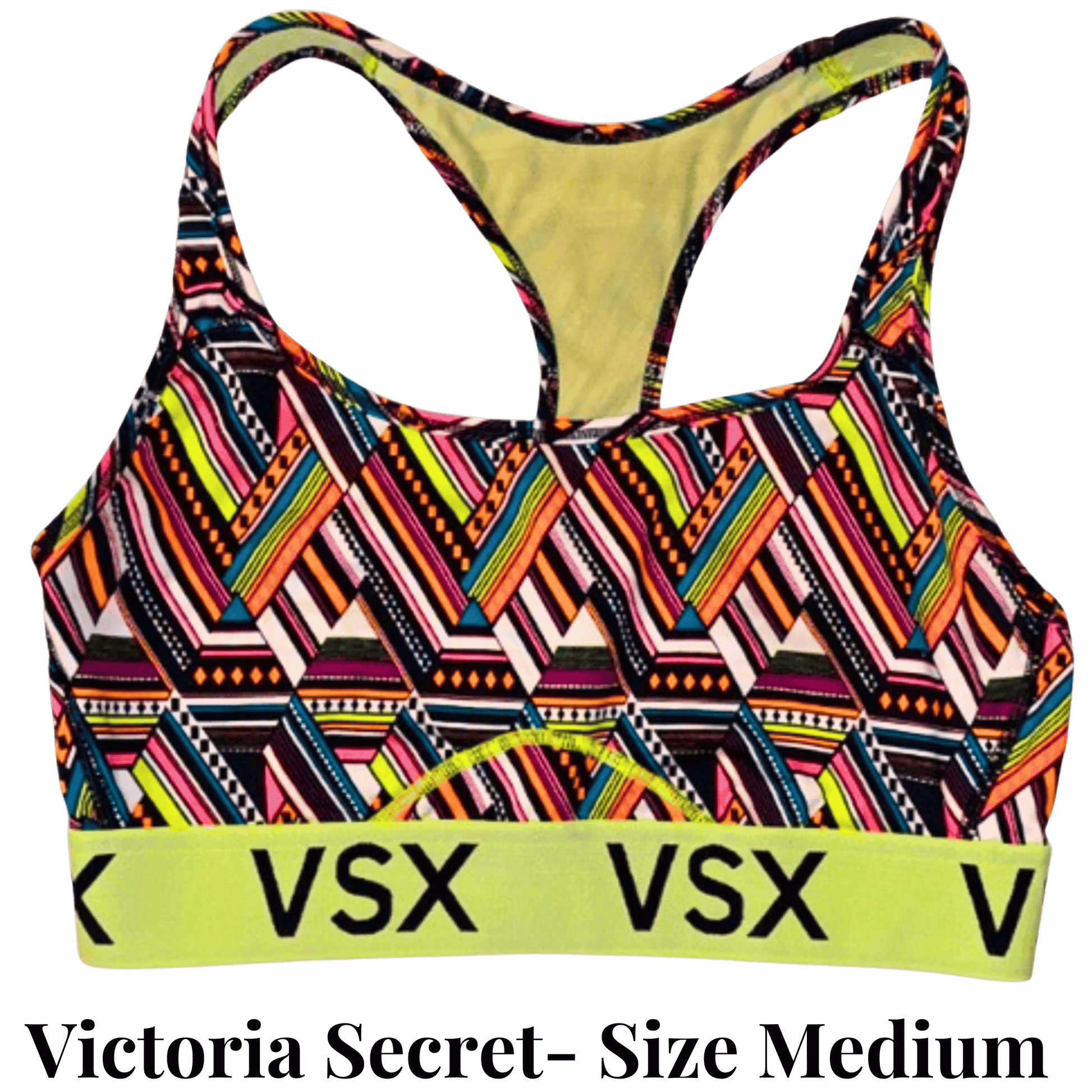 Colorful patterned sports bra with 'VSX' branding on a gray background