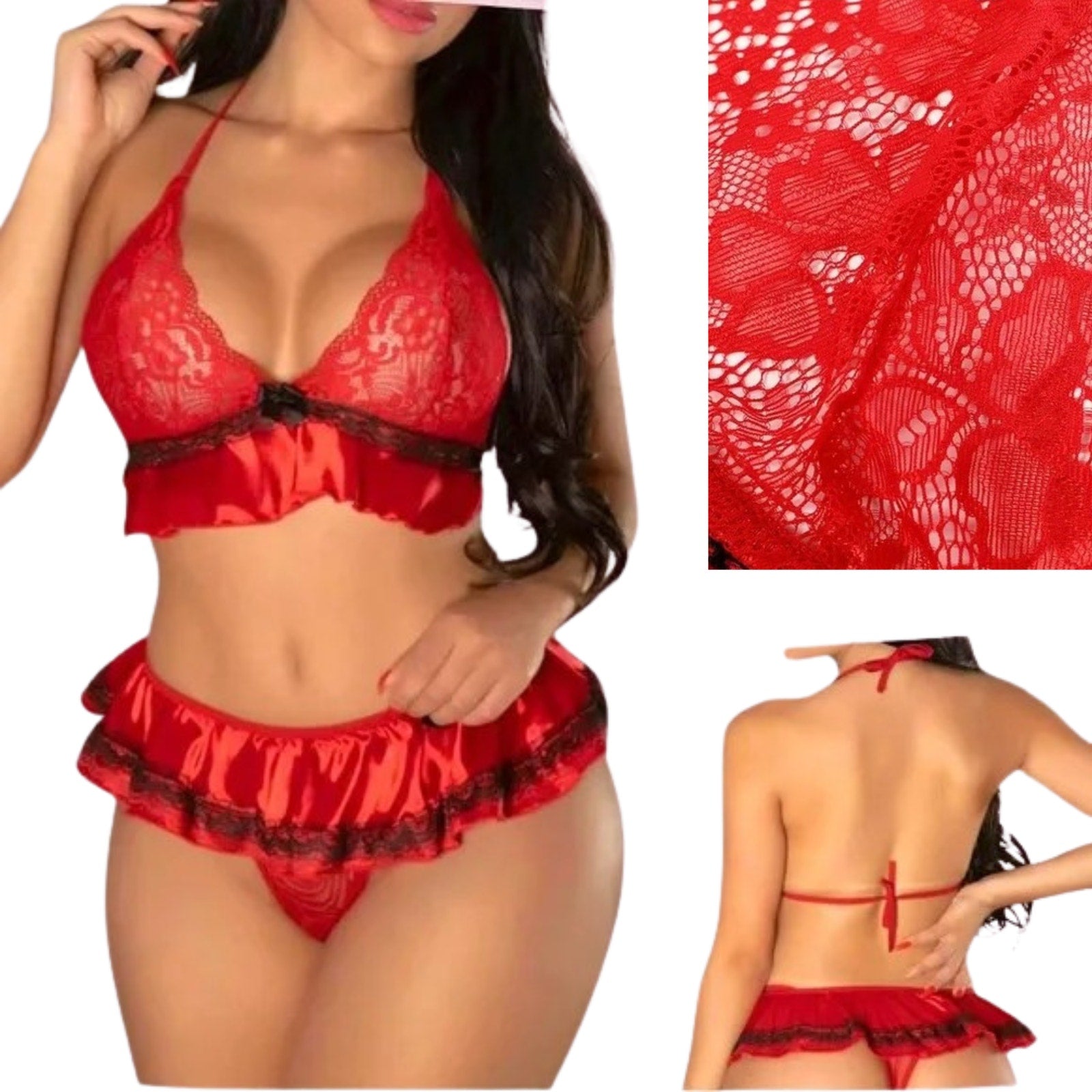 Red lace lingerie set with close-up of lace texture and side view on a white background