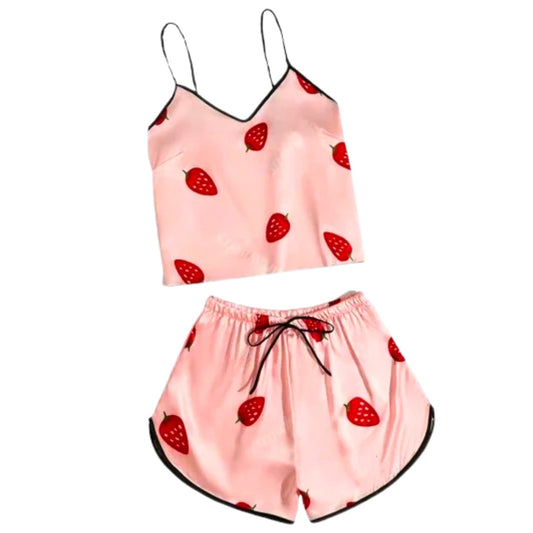 Pink pajama set with strawberry pattern on a white background