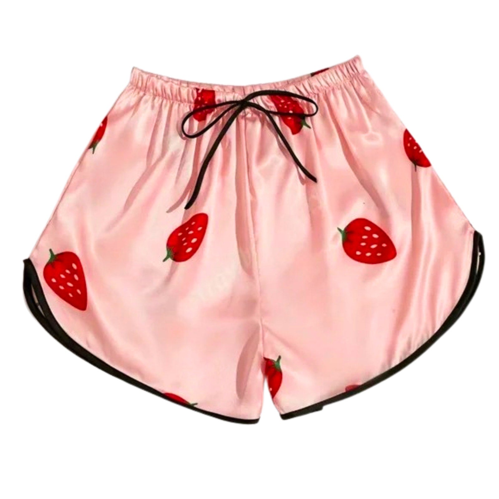 Pink shorts with strawberry pattern on a white background