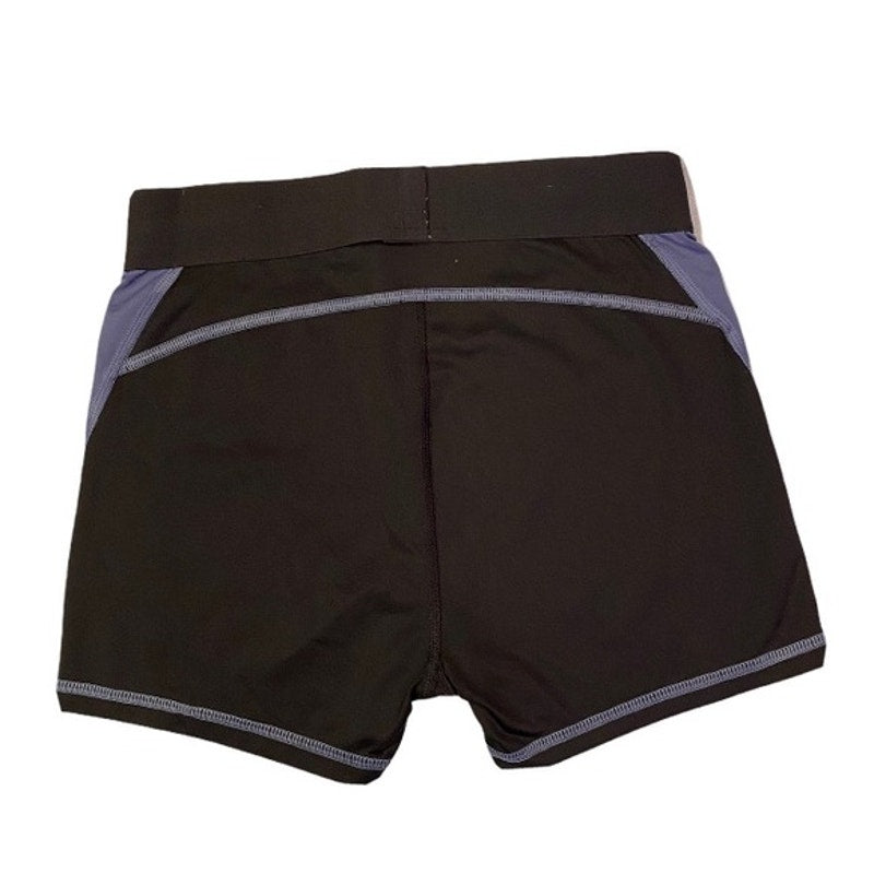 Black athletic shorts with gray accents on a white background