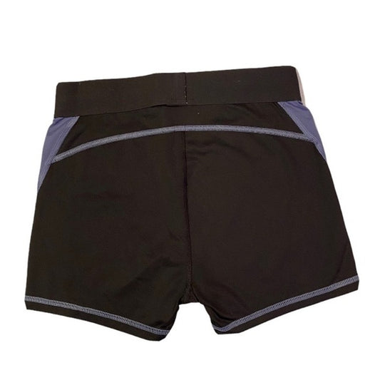 Black athletic shorts with gray accents on a white background