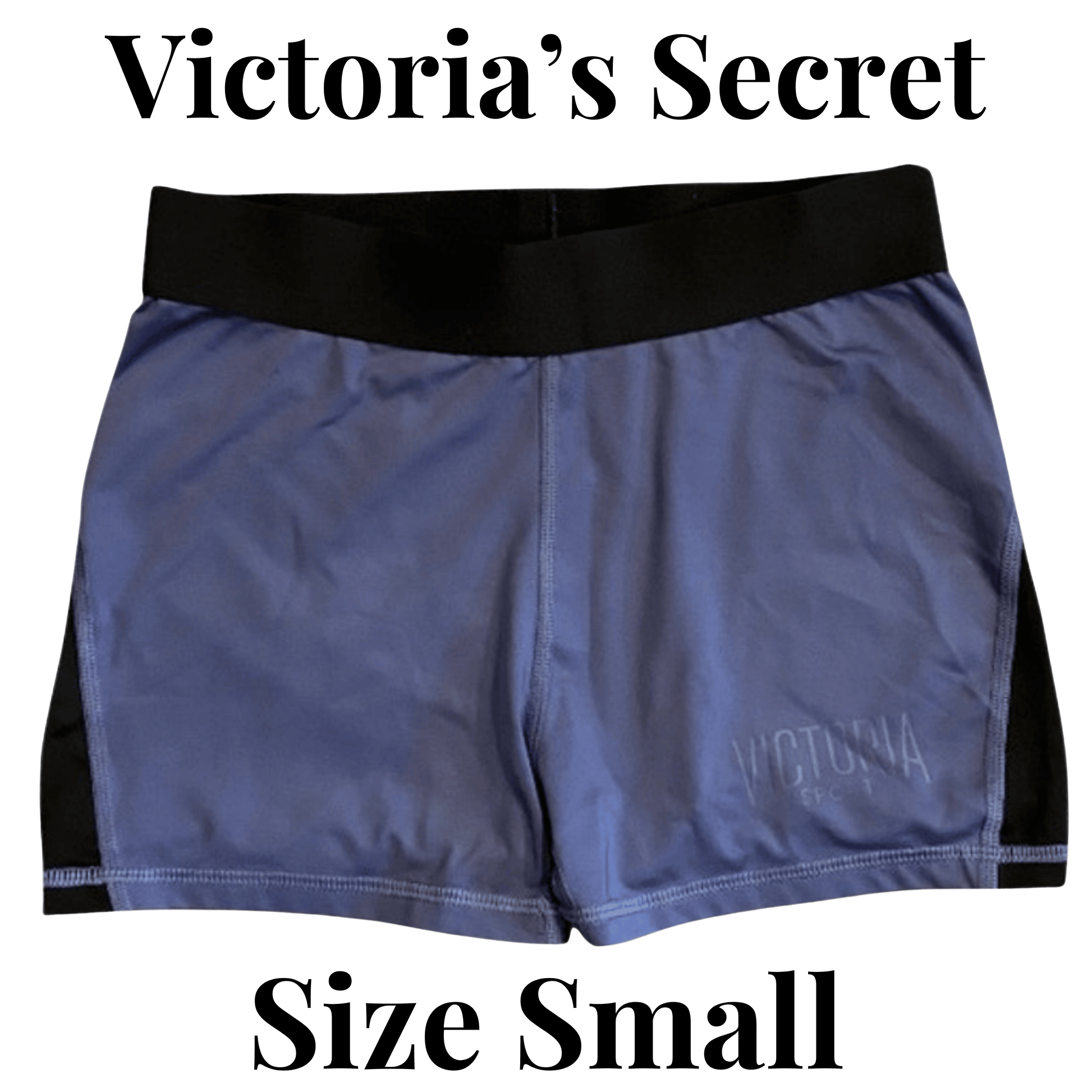 Victoria's Secret blue shorts with black waistband on a white background