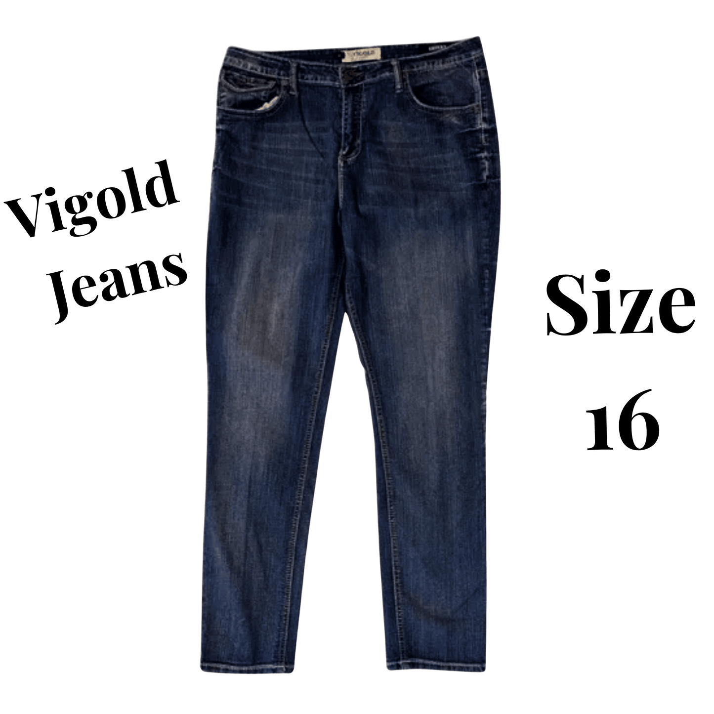 Blue jeans with 'Vigold Jeans' and 'Size 16' text on a transparent background