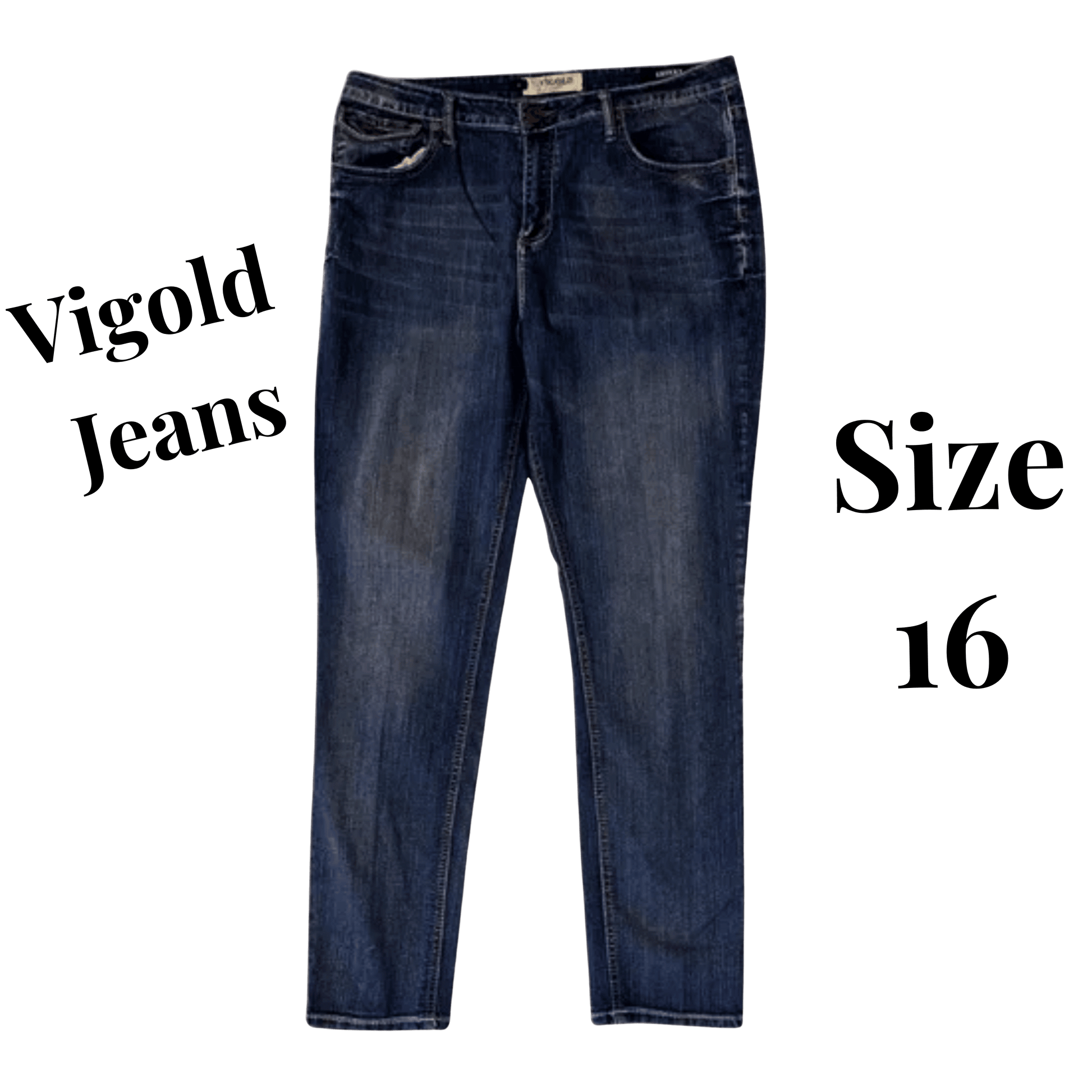 Blue jeans with 'Vigold Jeans' and 'Size 16' text on a transparent background