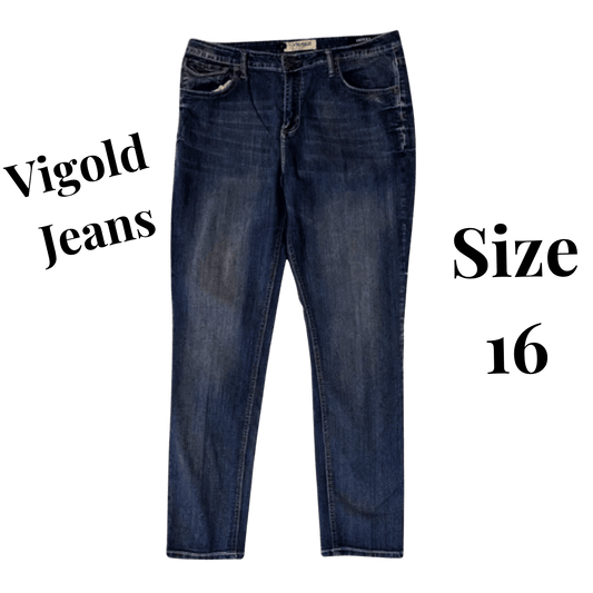 Blue jeans with 'Vigold Jeans' and 'Size 16' text on a transparent background