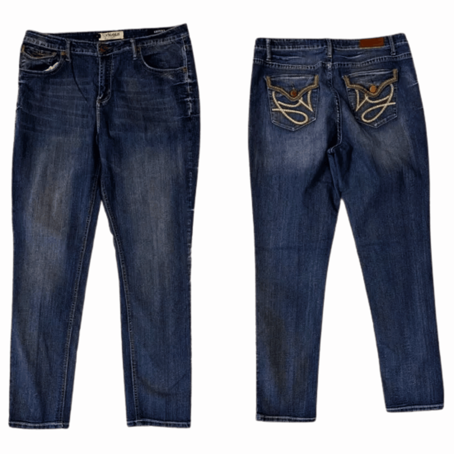 Blue jeans shown from front and back on a red background