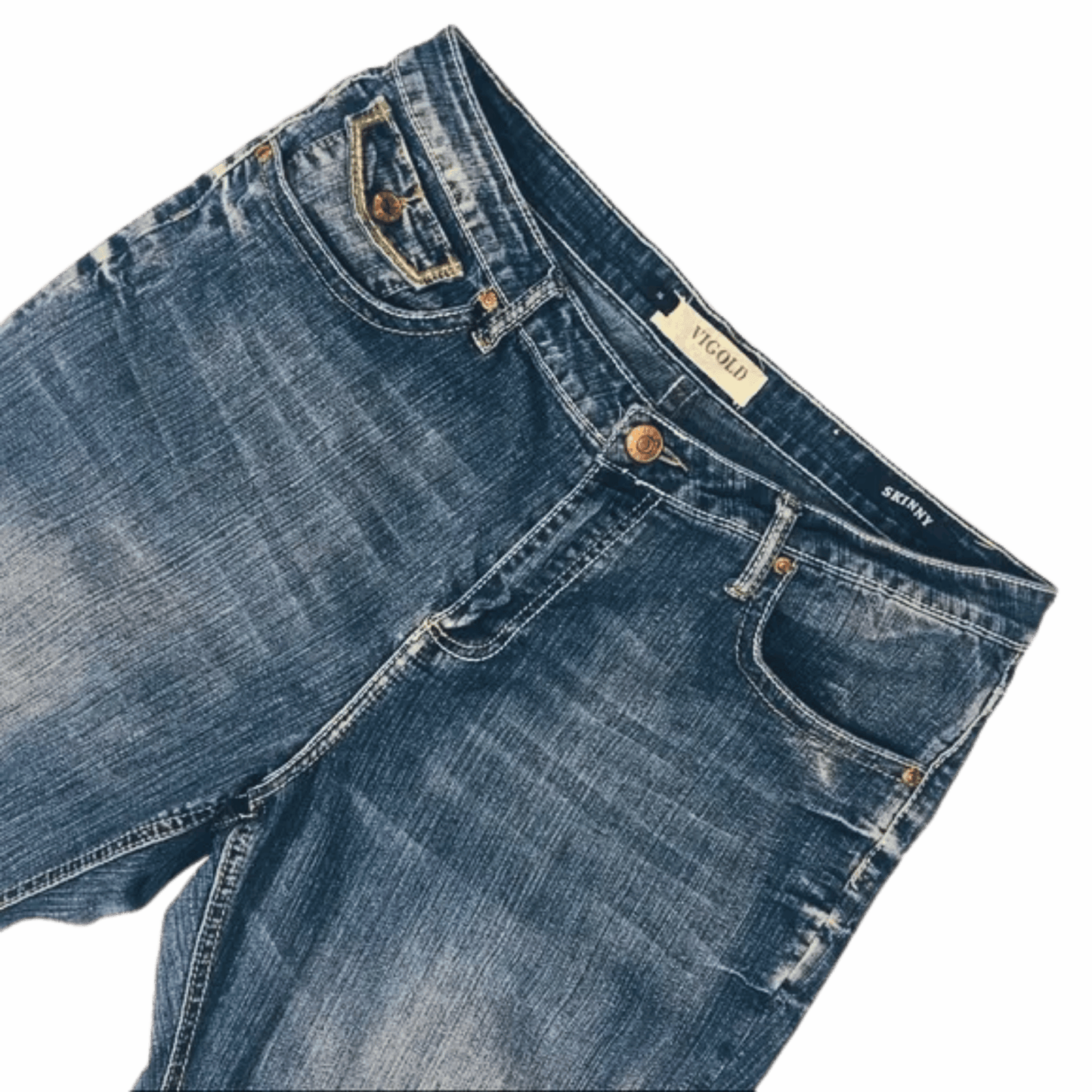 Blue denim jeans with a brand label on a gray background