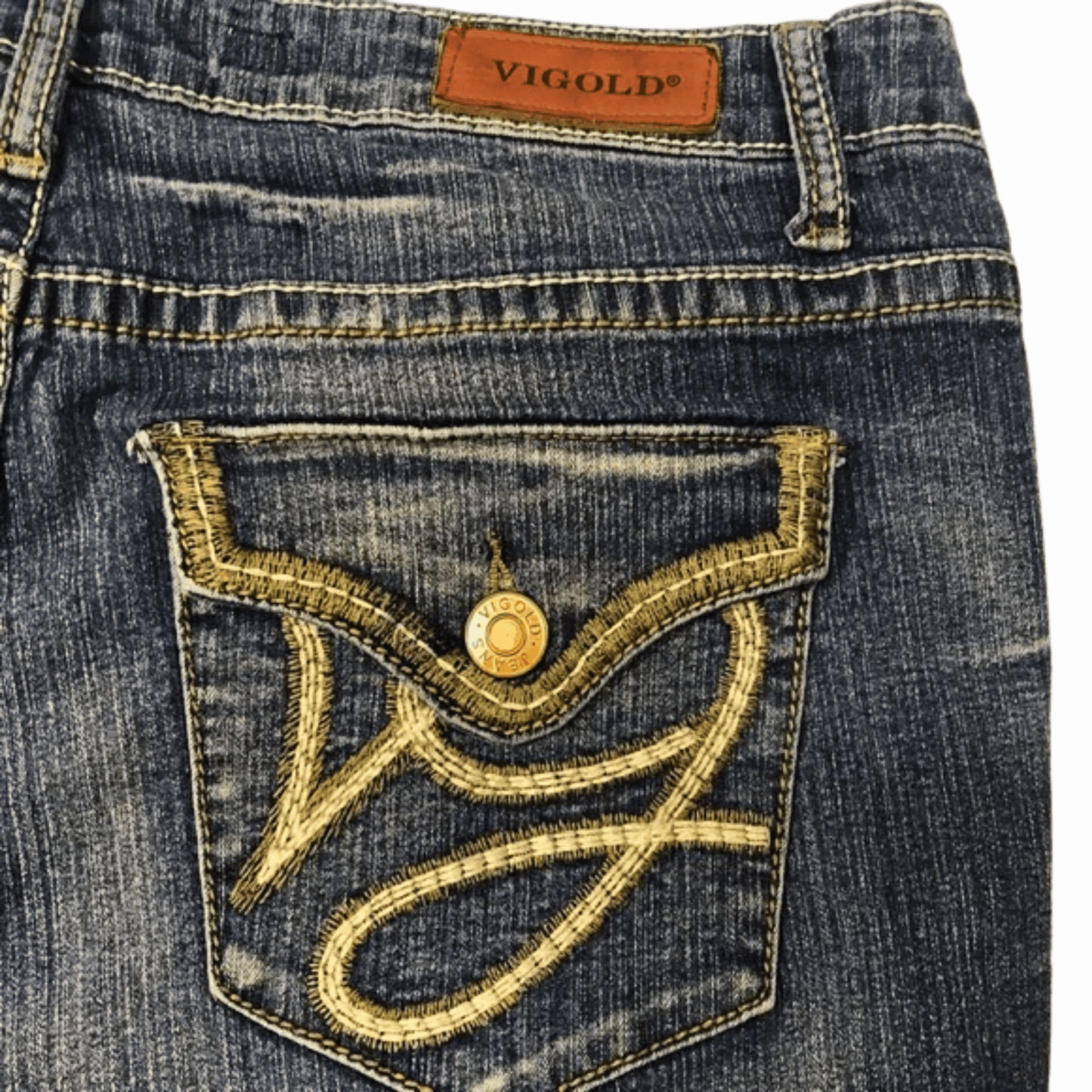 Close-up of a blue denim pocket with gold embroidery and a Vigold label.