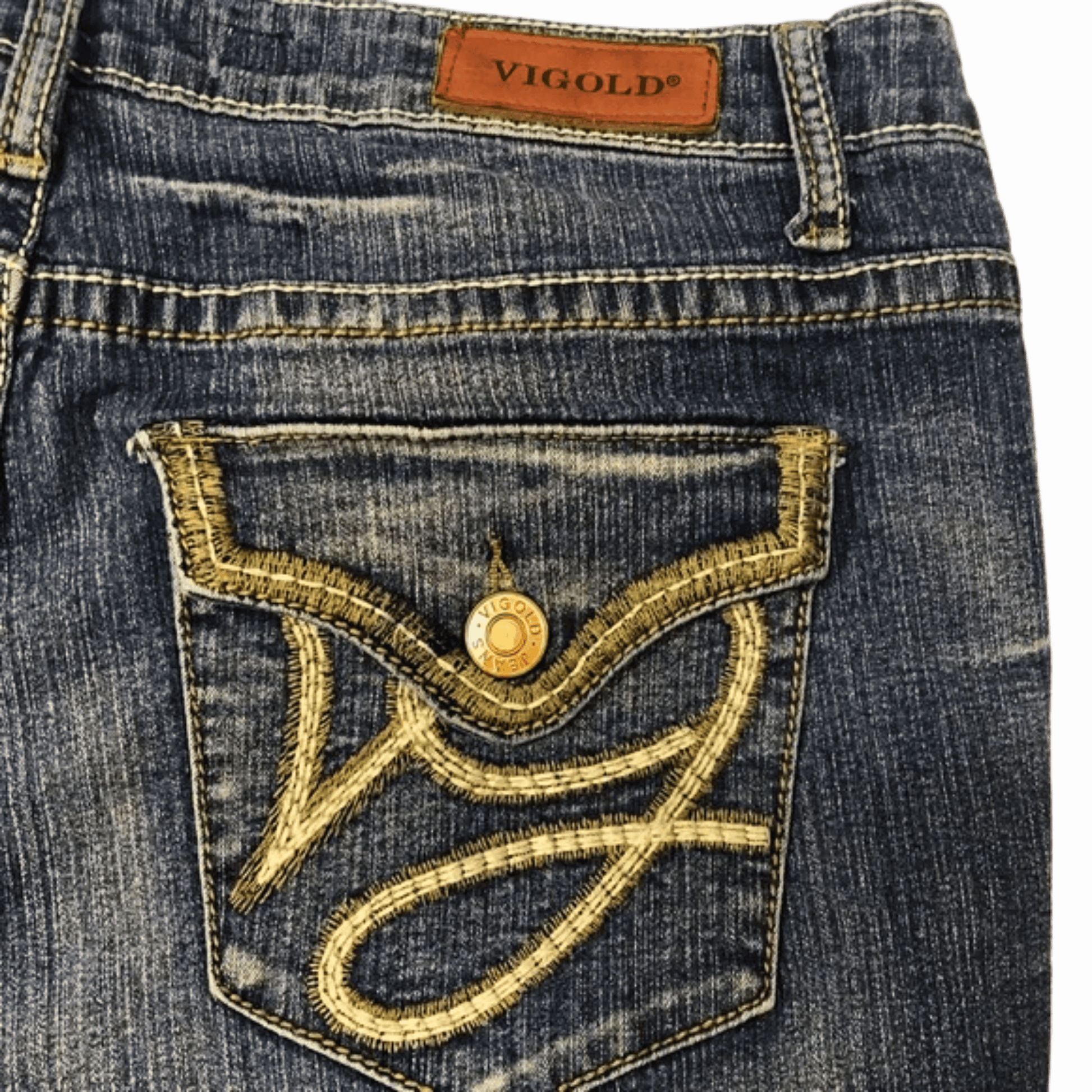 Close-up of a blue denim pocket with gold embroidery and a Vigold label.