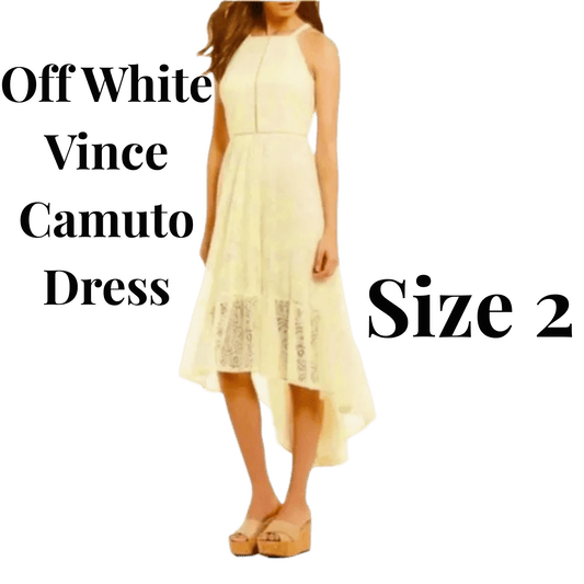 Off White Vince Camuto Dress on a model with text indicating size 2 against a green background