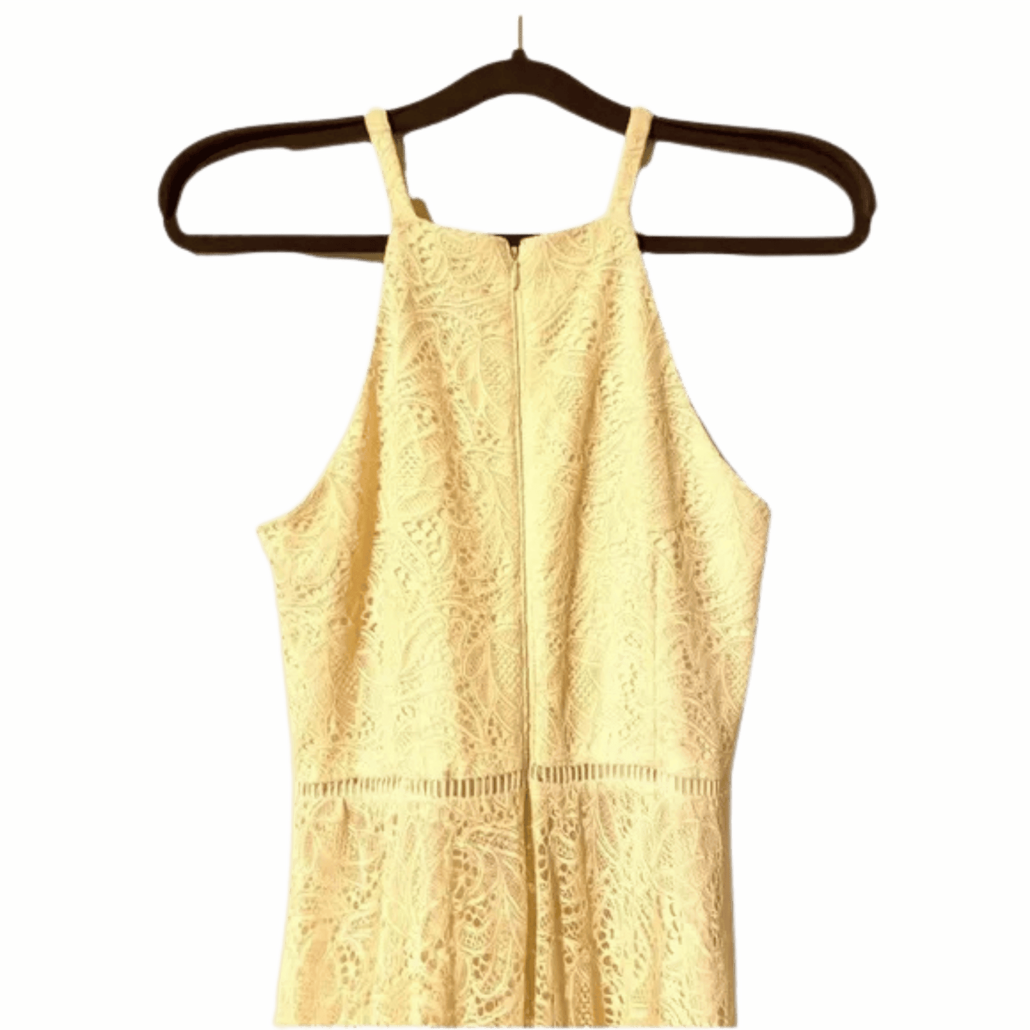 Beige lace dress on a hanger against a green background
