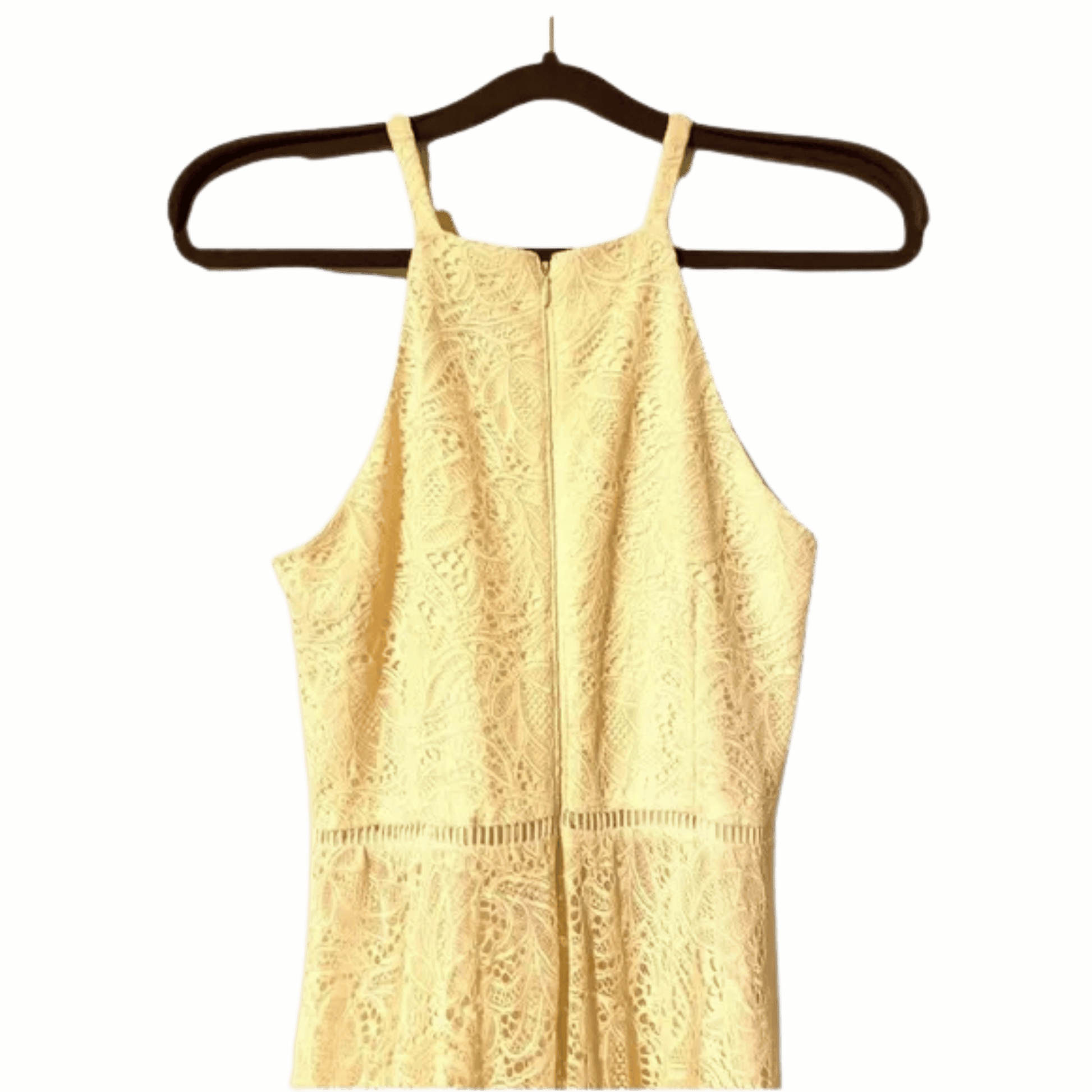 Beige lace dress on a hanger against a green background