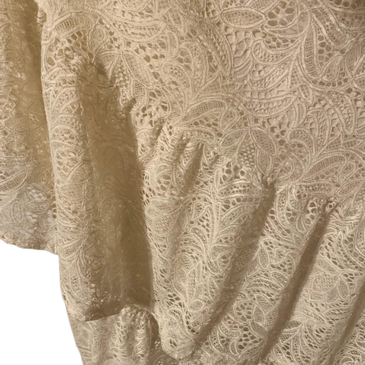 Close-up of beige fabric with intricate lace pattern