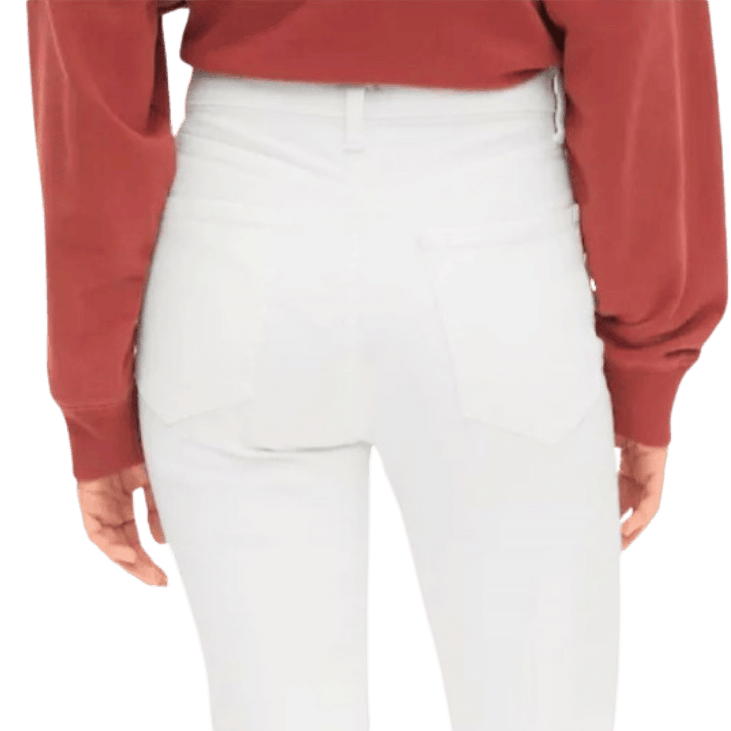 Person wearing a red long-sleeve shirt and white pants on a transparent background
