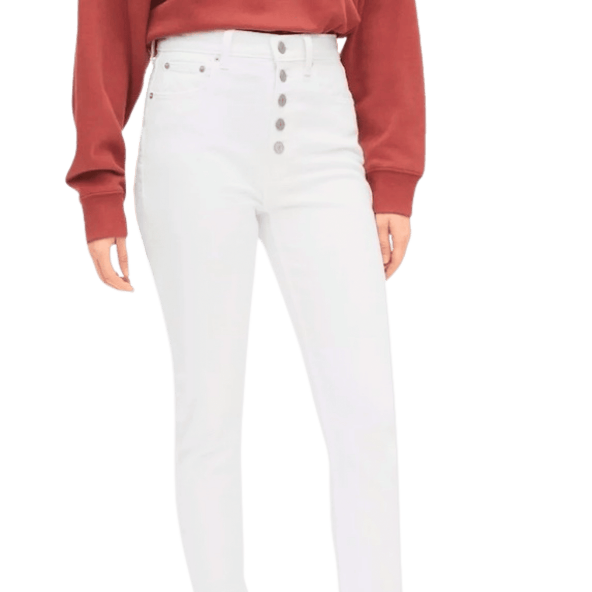 White pants with button details worn by a person on a transparent background