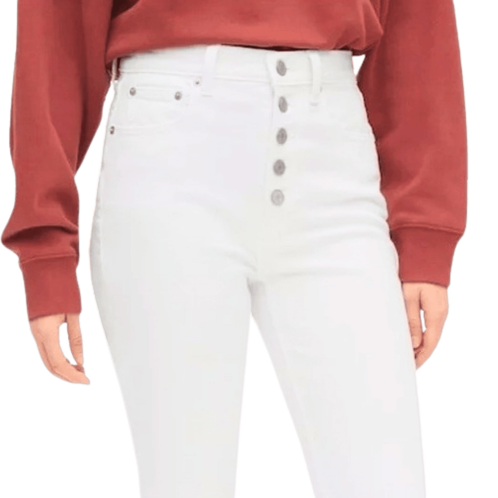 Person wearing a red sweatshirt and white pants with buttons on a transparent background