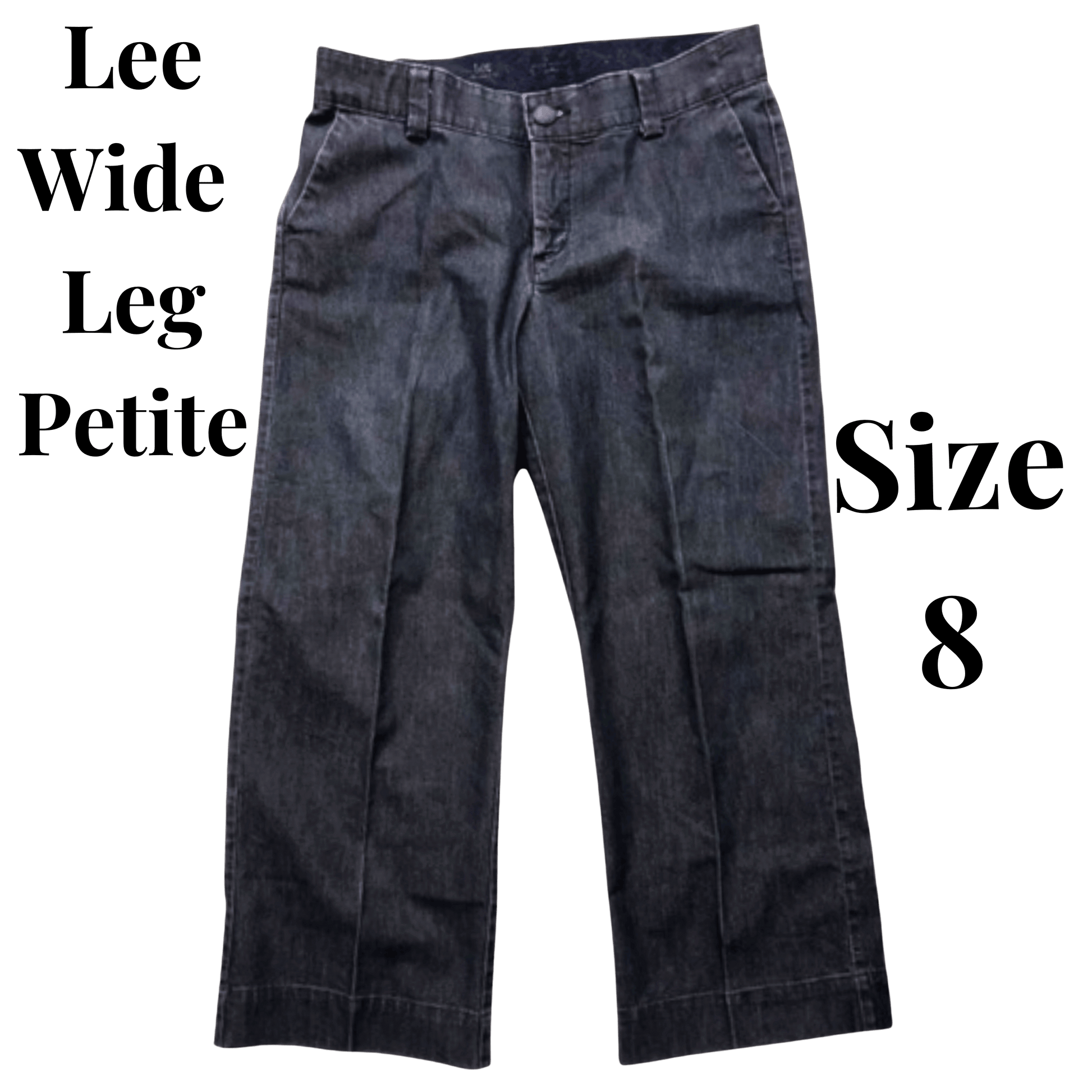 Dark blue wide-leg jeans with text indicating 'Lee Wide Leg Petite Size 8' on a green background
