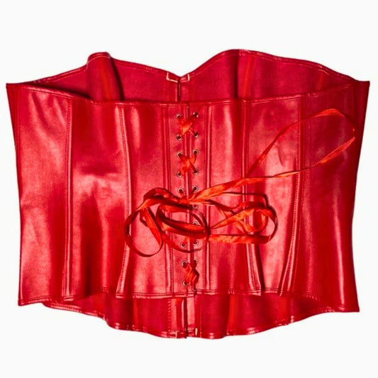 Red leather corset with a decorative bow on a white background