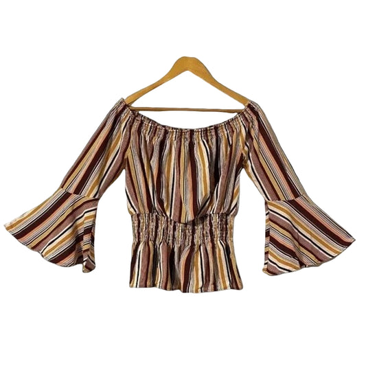 Striped blouse with bell sleeves on a wooden hanger against a white background