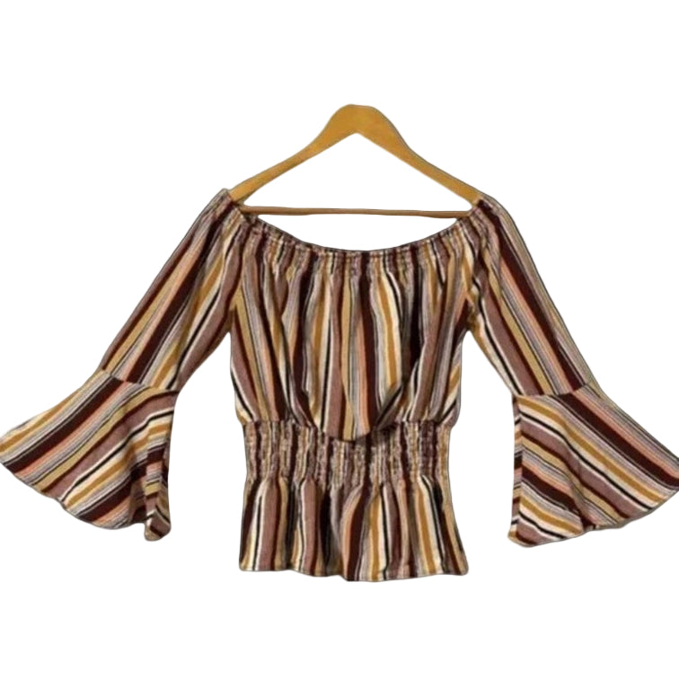 Striped blouse with bell sleeves on a hanger against a white background