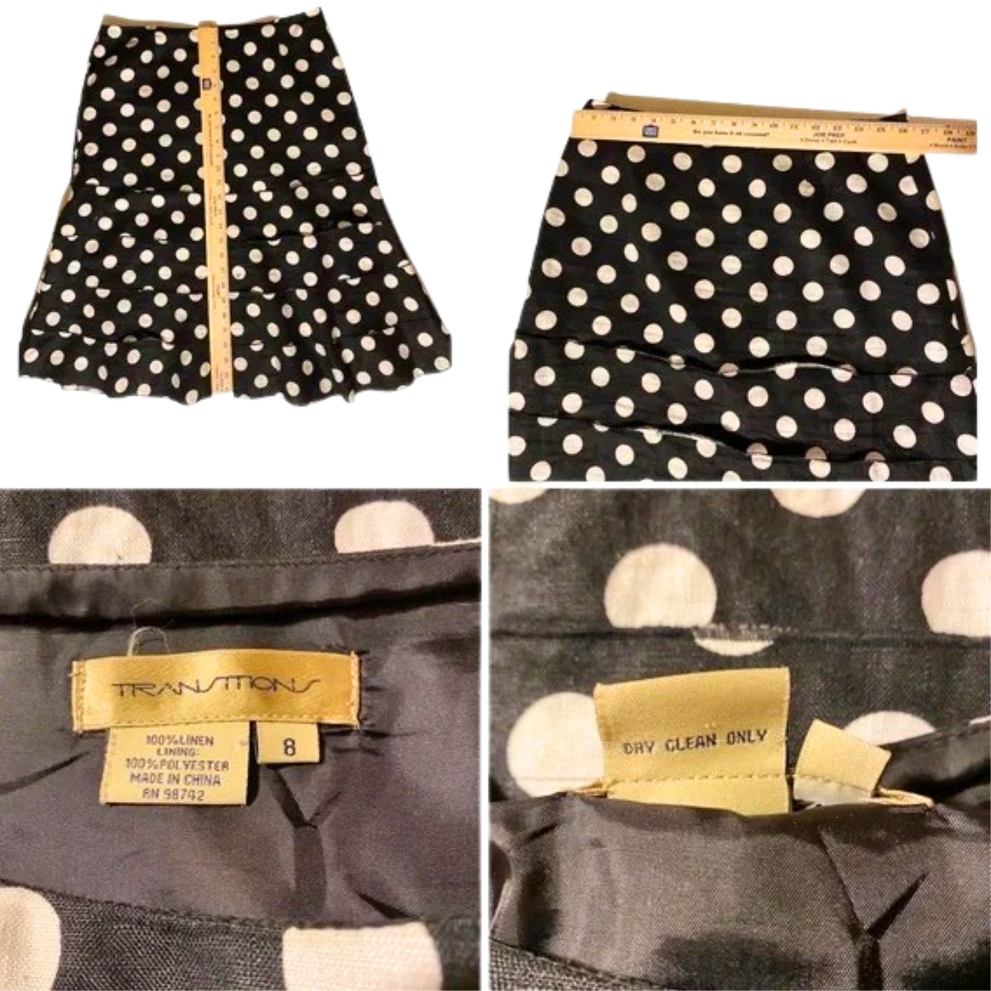 Black polka dot skirt with a visible tag and measurements.