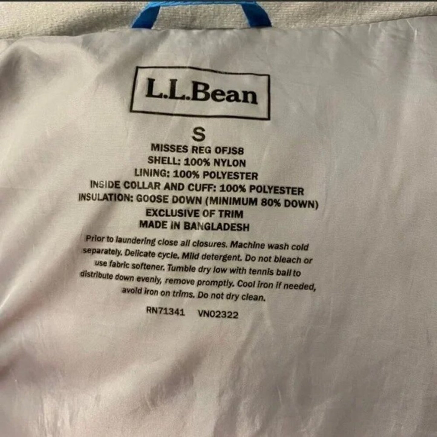 L.L.Bean label on a jacket with specifications and care instructions.