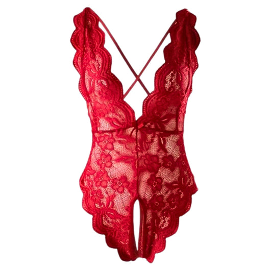 Red lace lingerie set on a white background