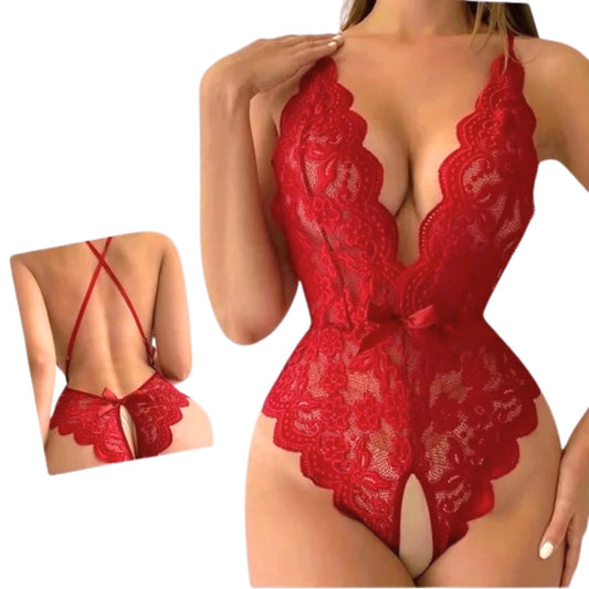 Red lace lingerie set on a white background