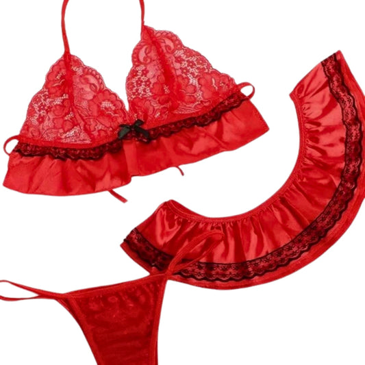 Red lace lingerie set on a white background