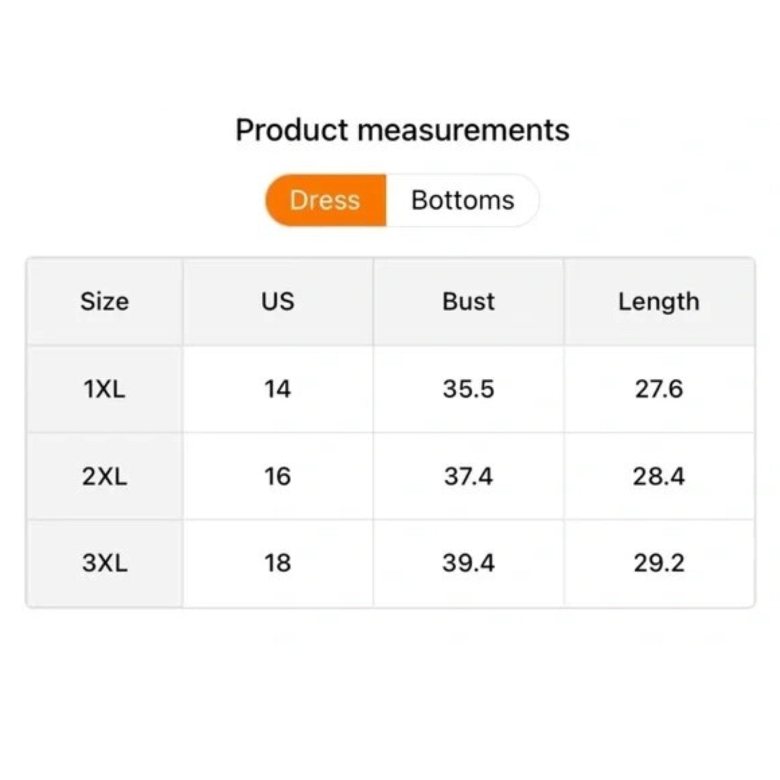 Product measurements chart for dresses and bottoms with size, US, bust, and length details.