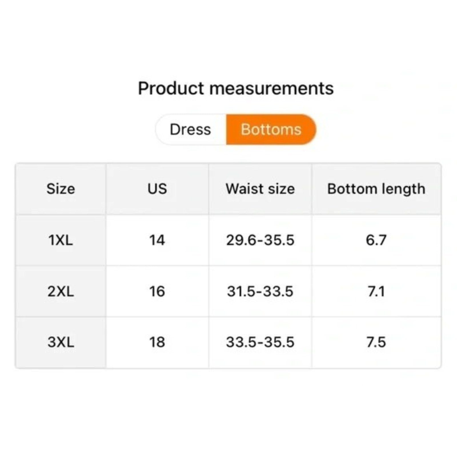 Product measurements chart for dress bottoms with size, US, waist size, and bottom length details.