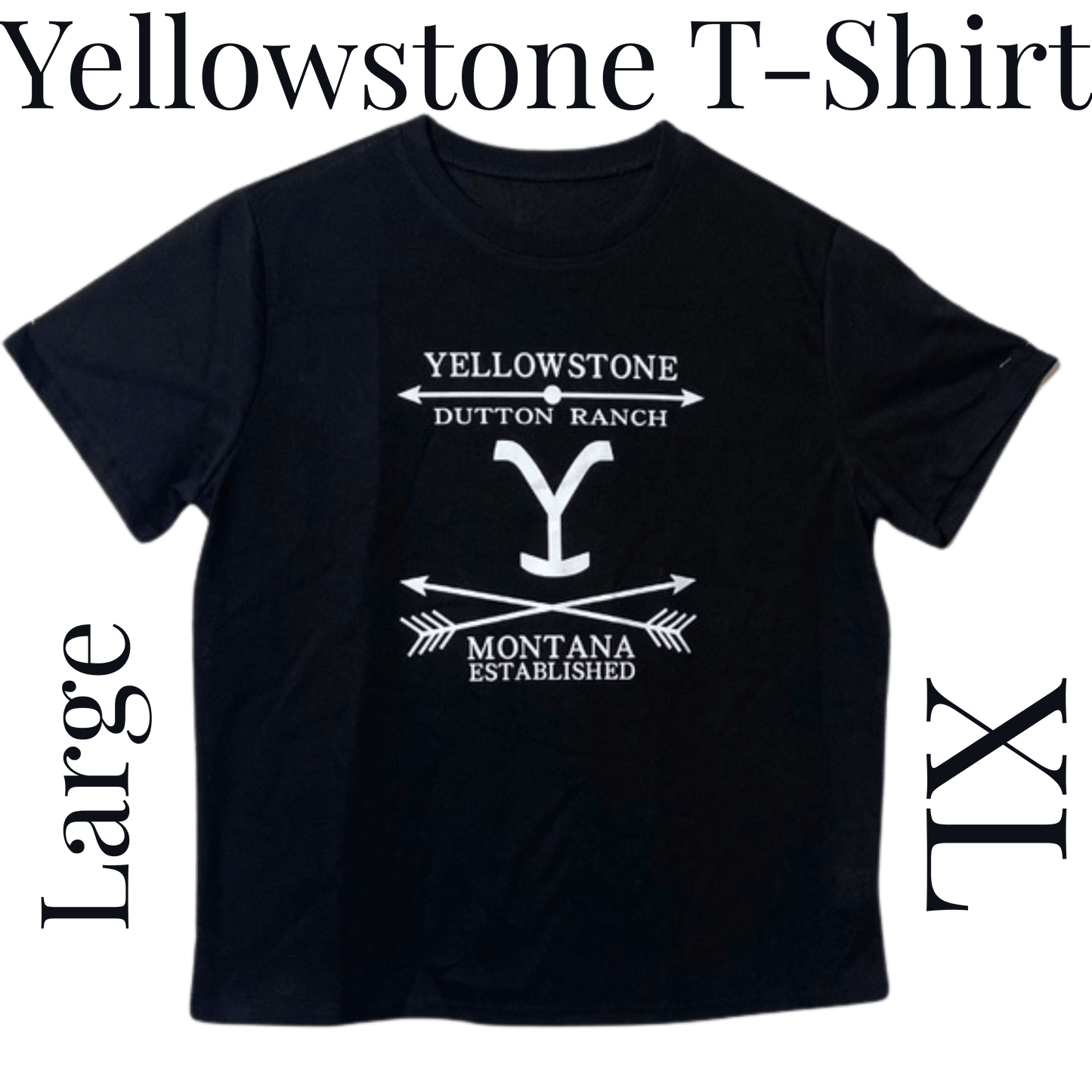 Black t-shirt with 'Yellowstone Dutton Ranch' logo on a green background
