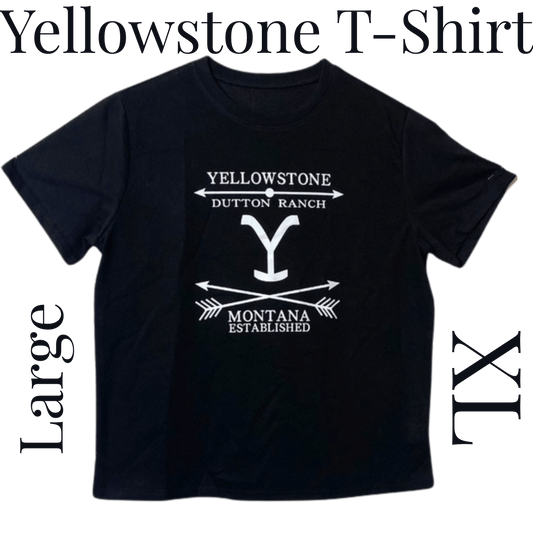 Black t-shirt with 'Yellowstone Dutton Ranch' logo on a green background