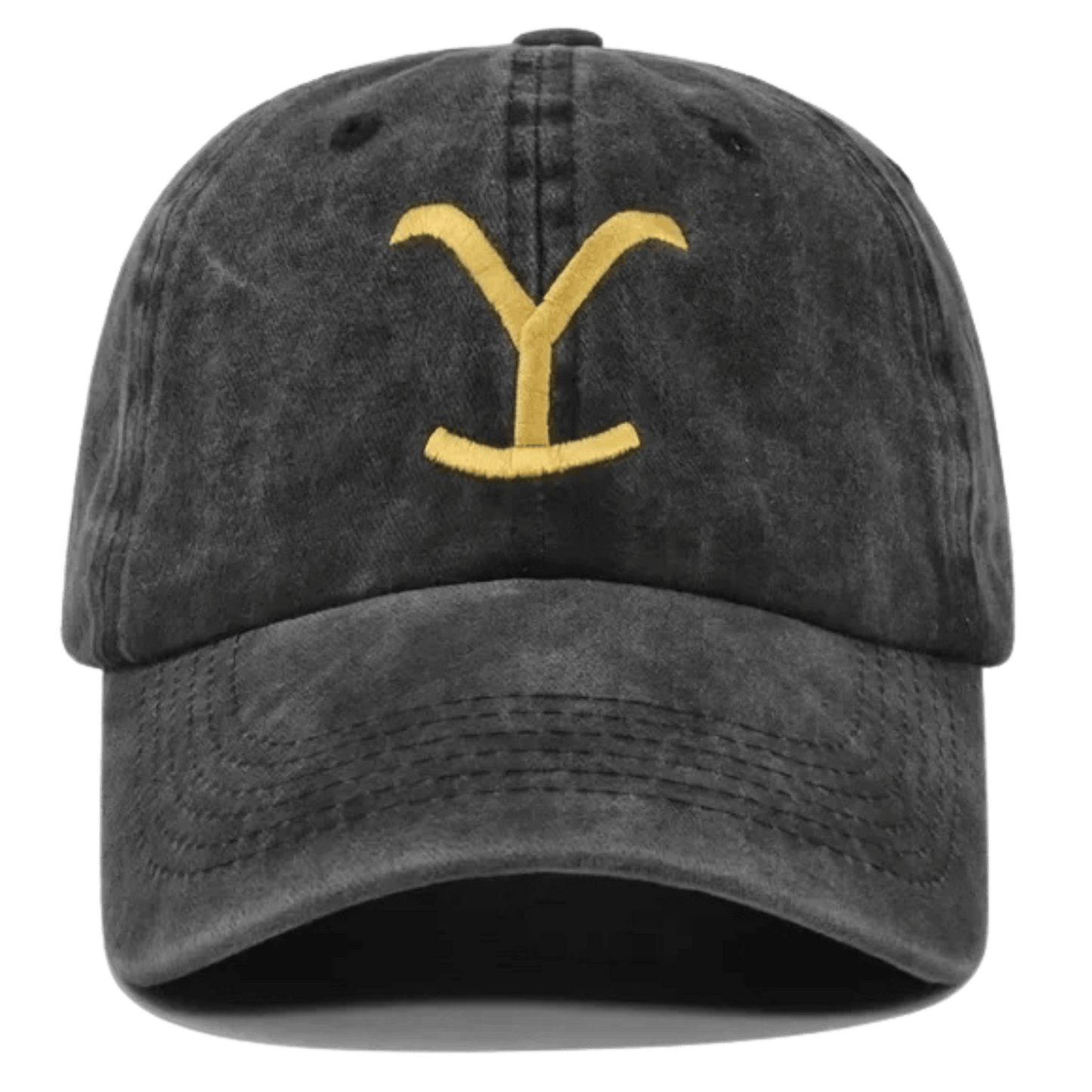 Dark gray cap with a yellow logo on a transparent background