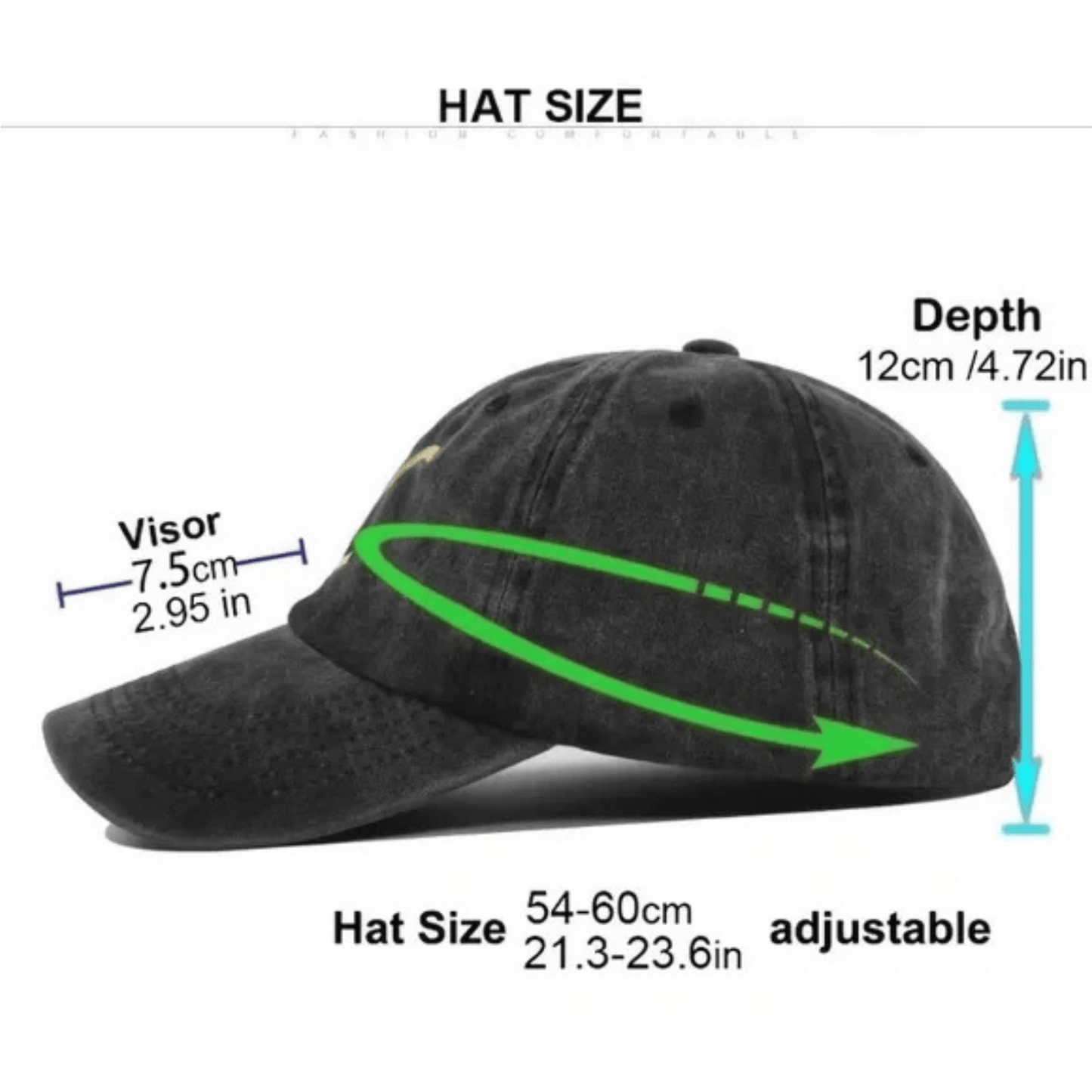 Black cap with measurements on a white background