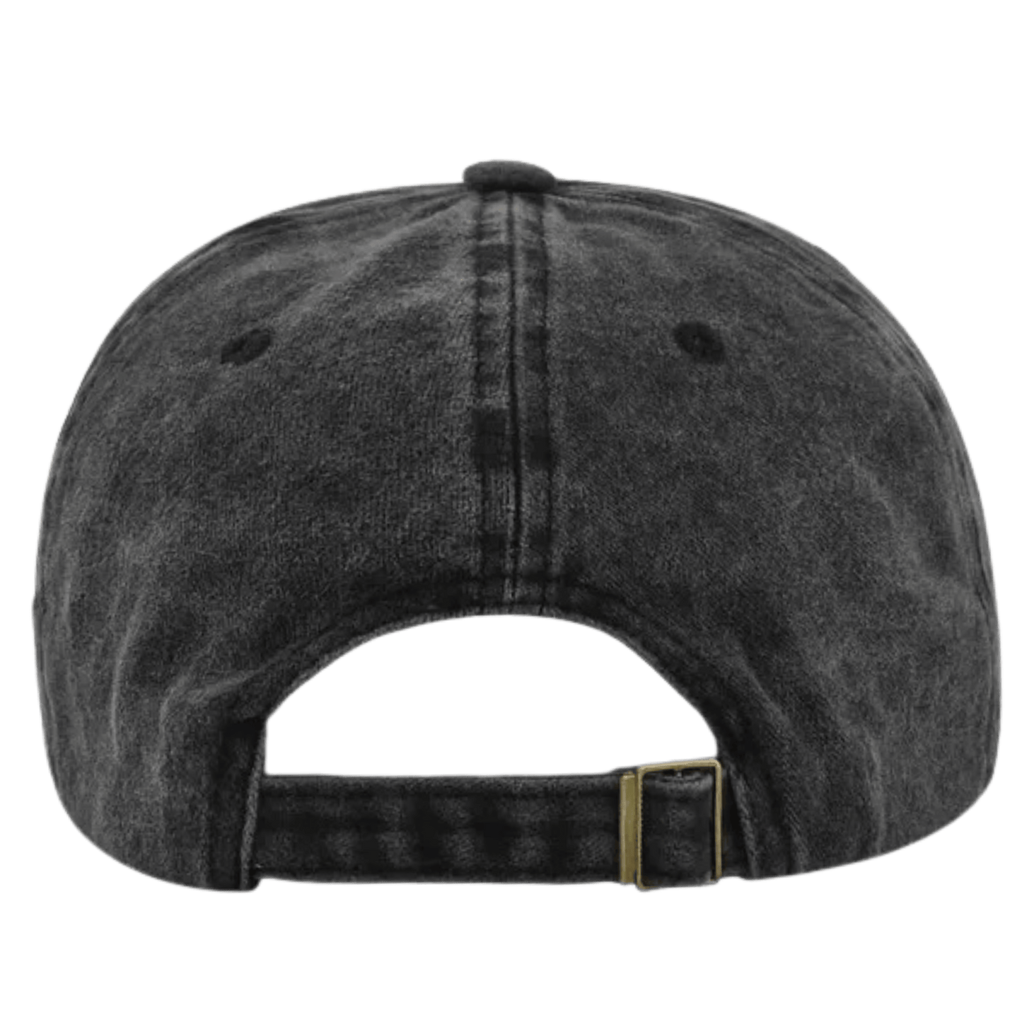 Black denim cap with a gold buckle on a transparent background