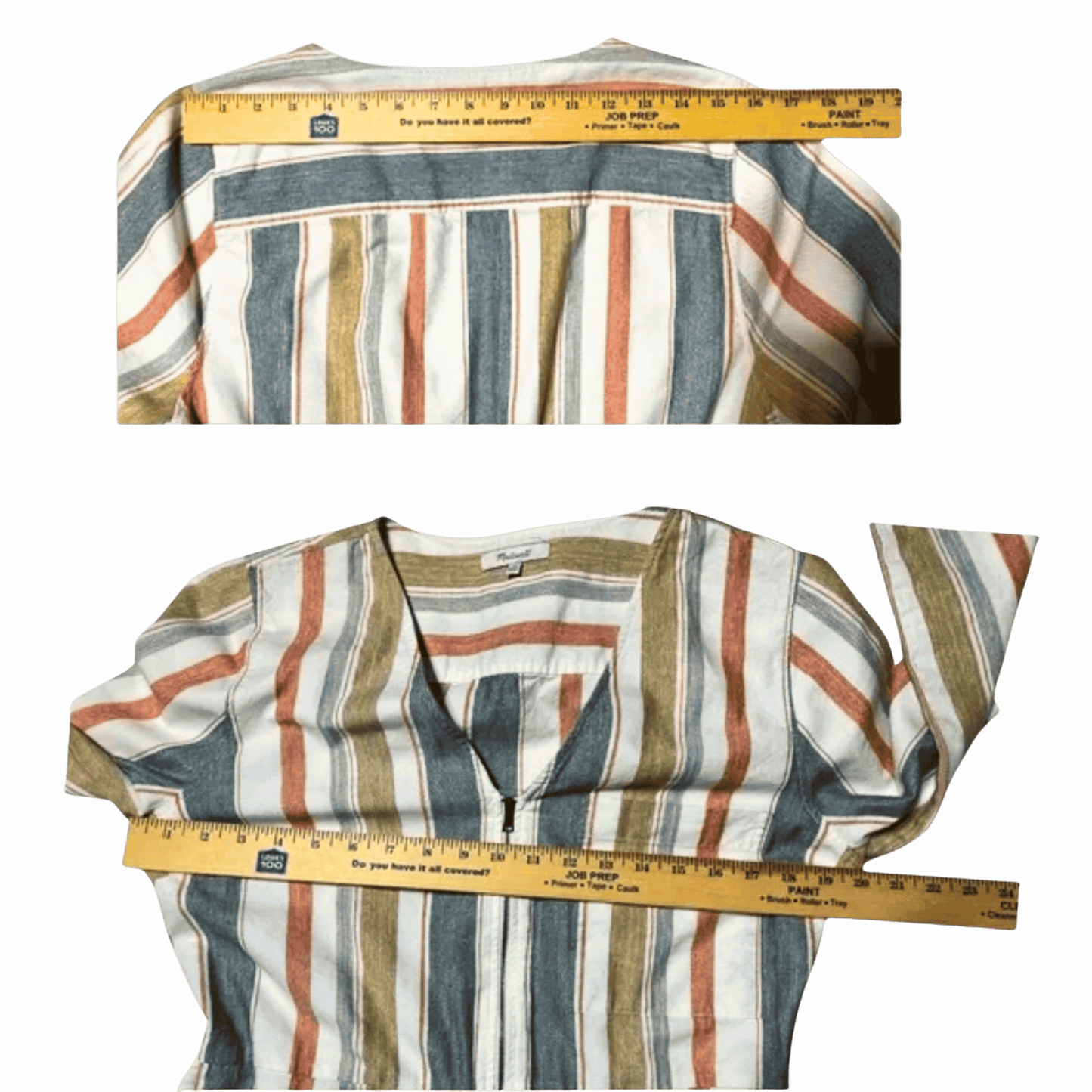 Striped shirt with a measuring tape for size reference on a gray background