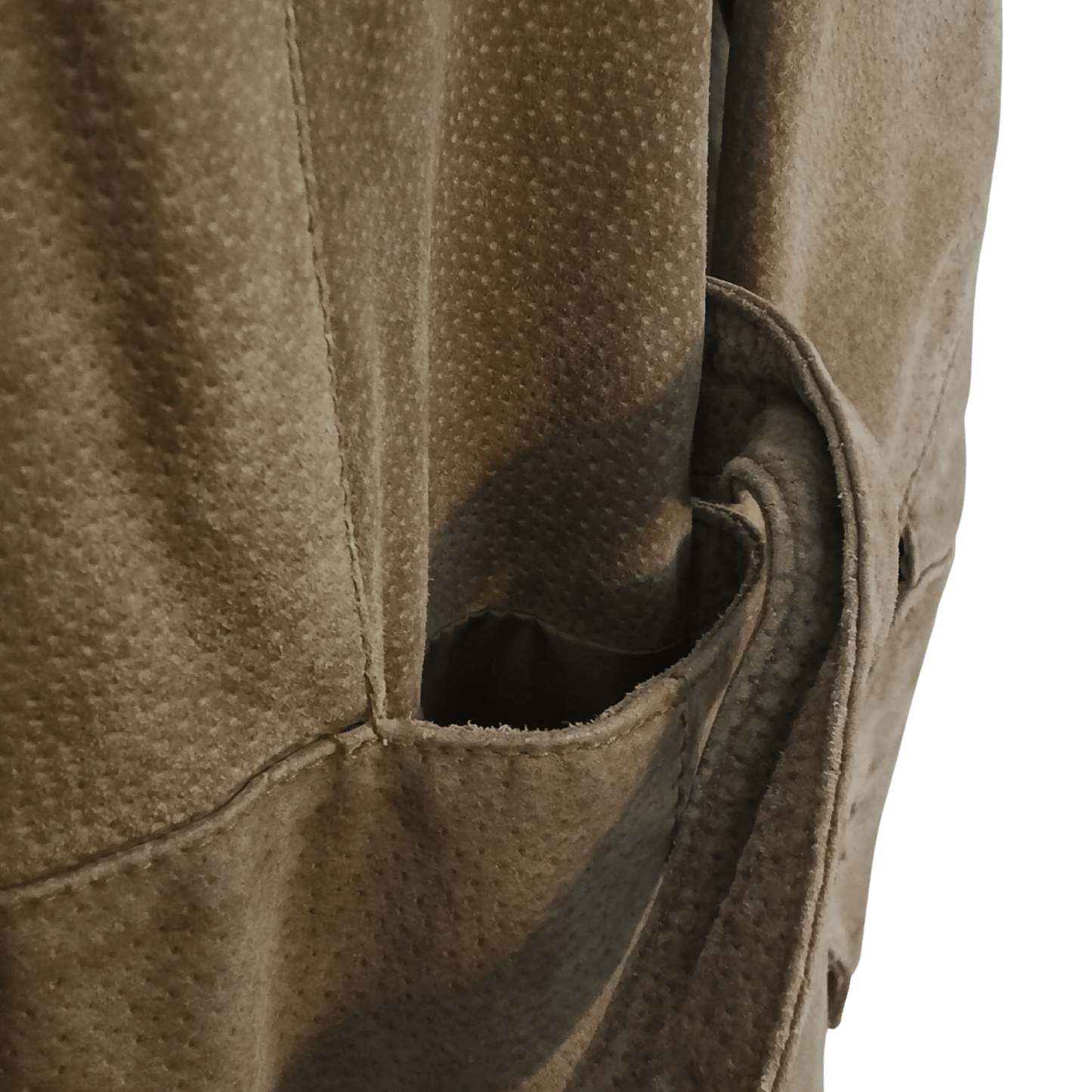 Close-up of a brown leather jacket with a pocket
