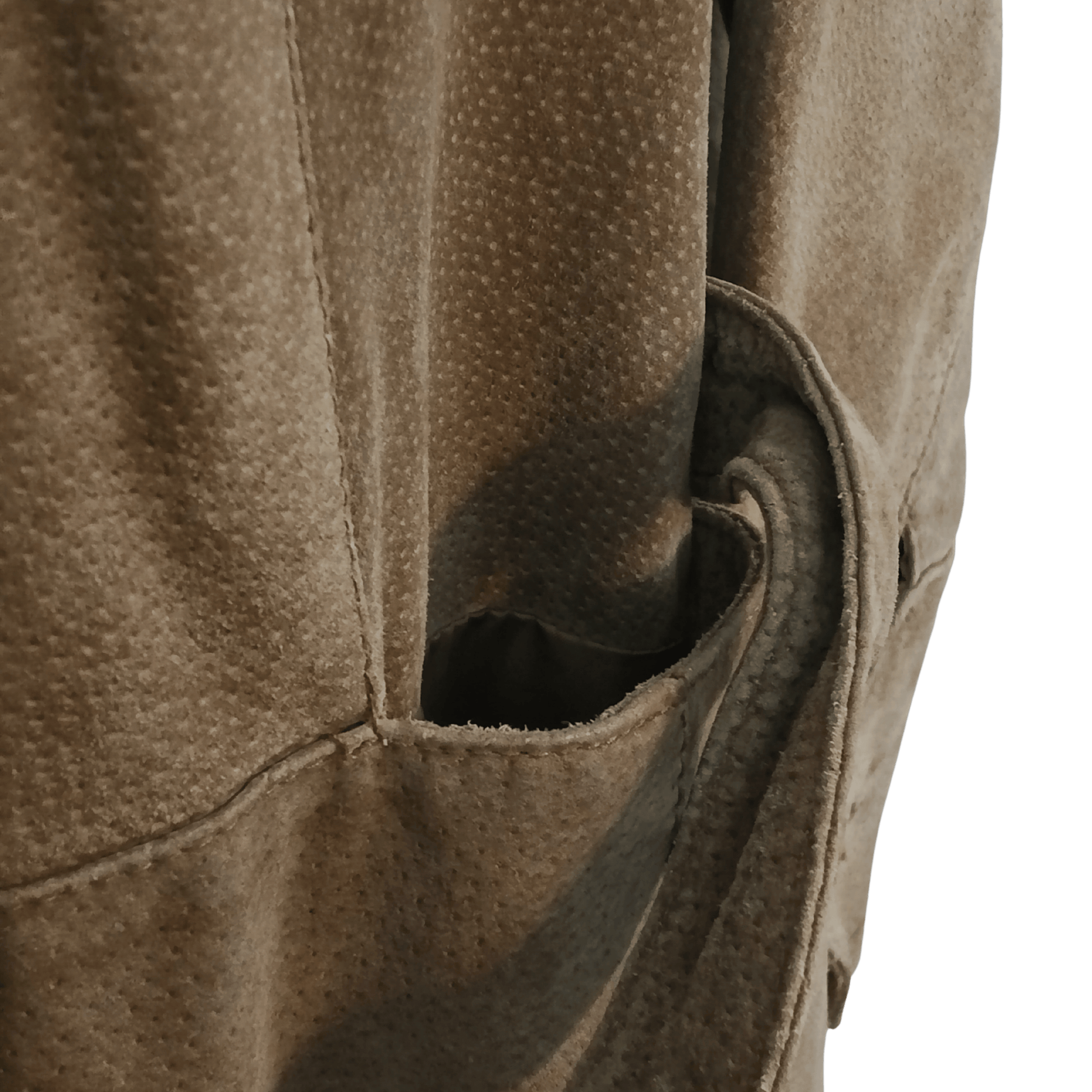 Close-up of a brown leather jacket with a pocket