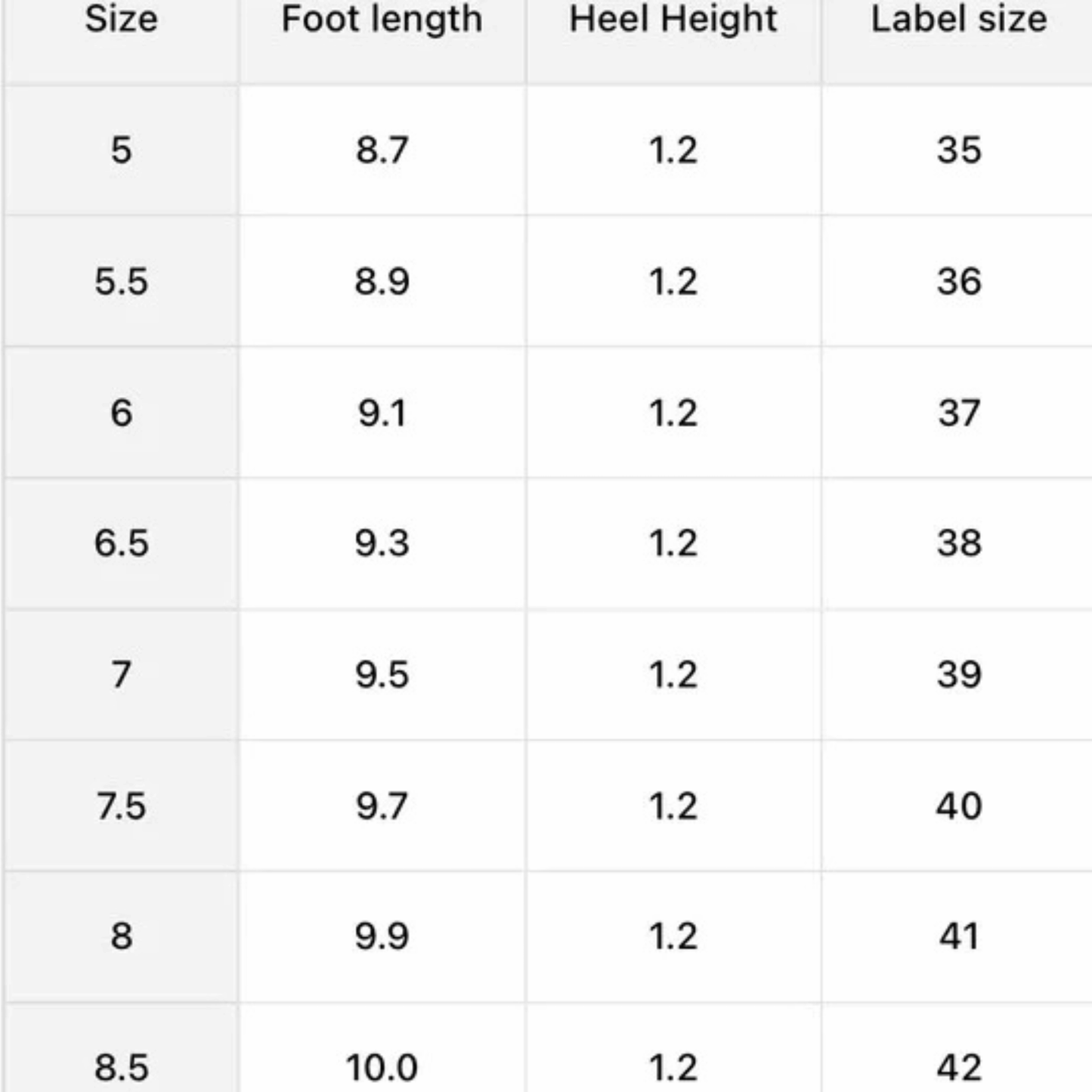 Table showing shoe size measurements with foot length, heel height, and label size.