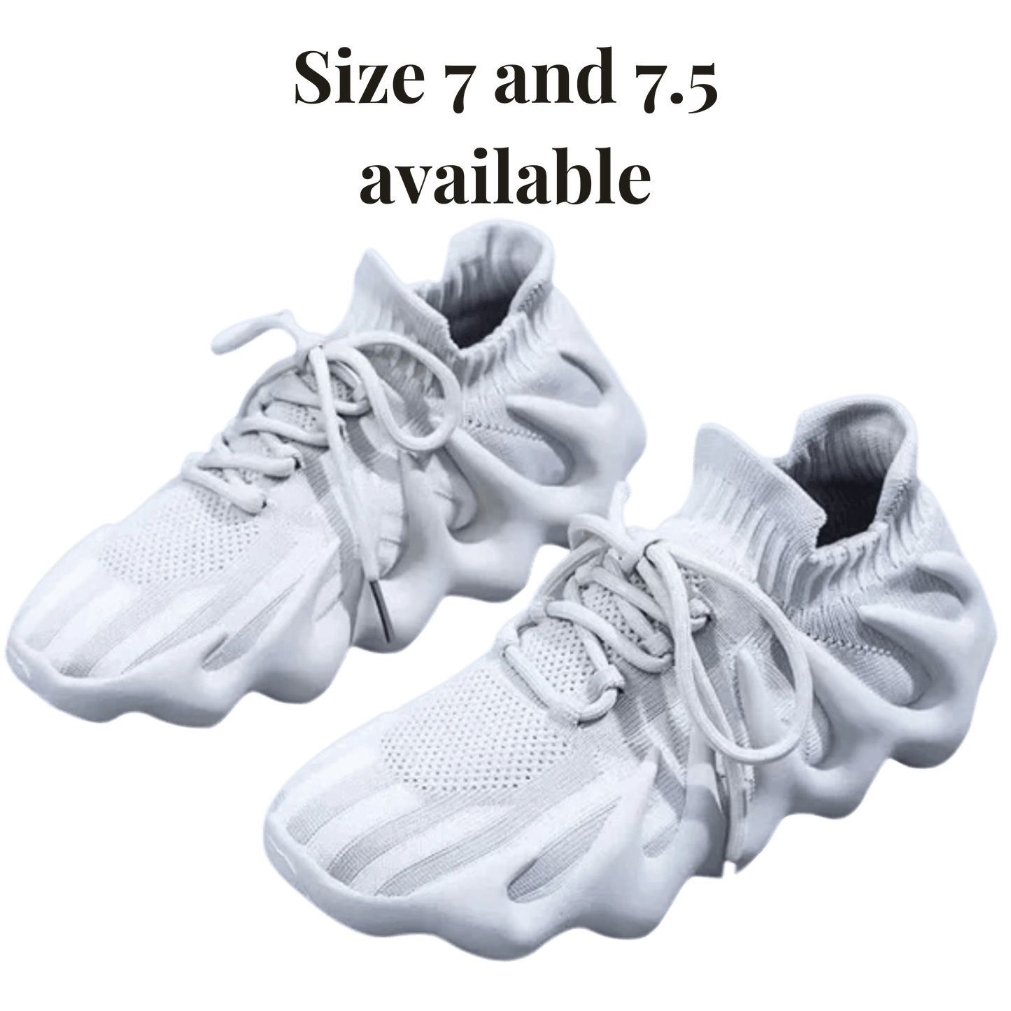 White sneakers on a transparent background with text indicating available sizes.