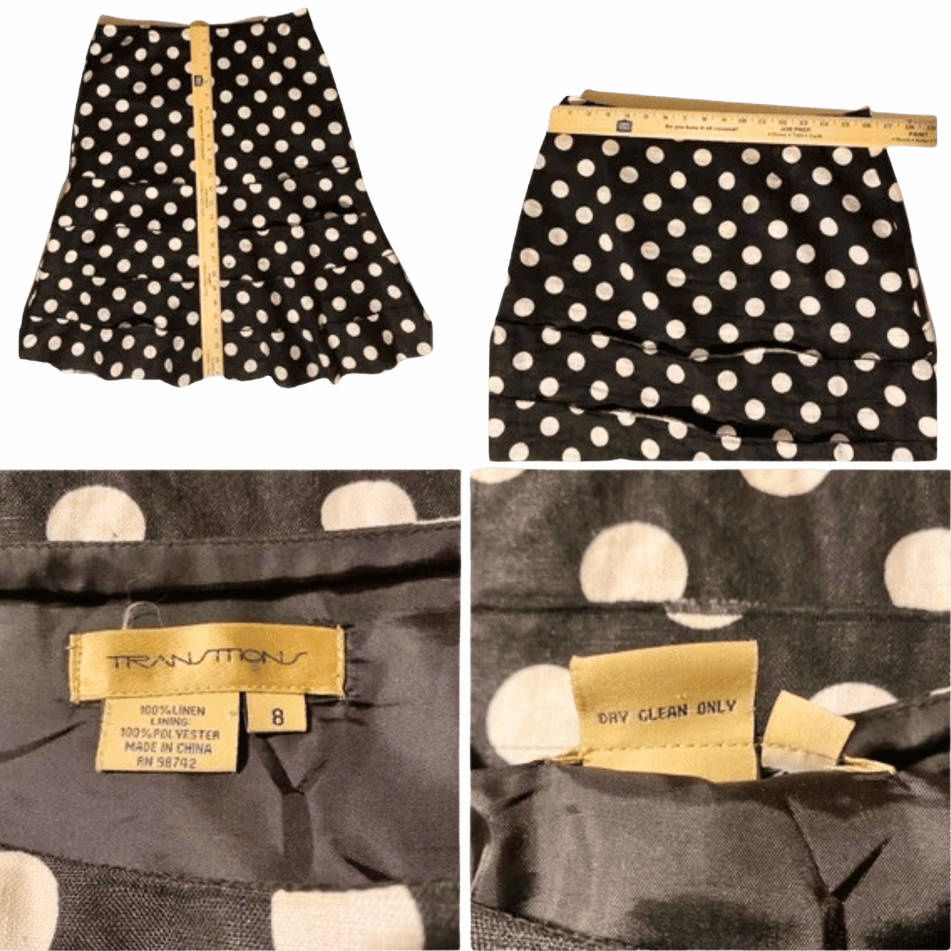 Black polka dot skirt with a measuring tape, close-up of label, and tag on a gray background.