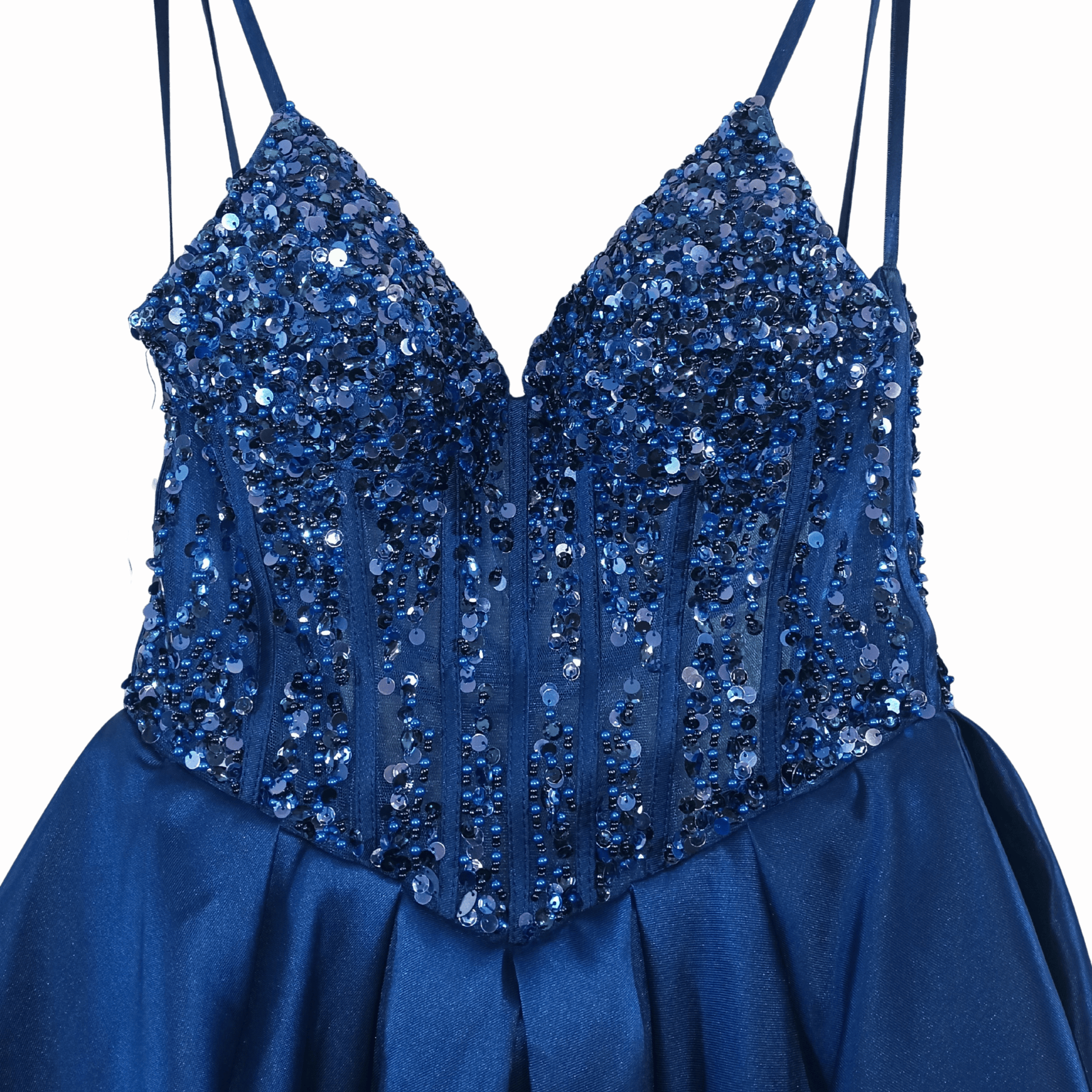 Blue sequin dress on a red background