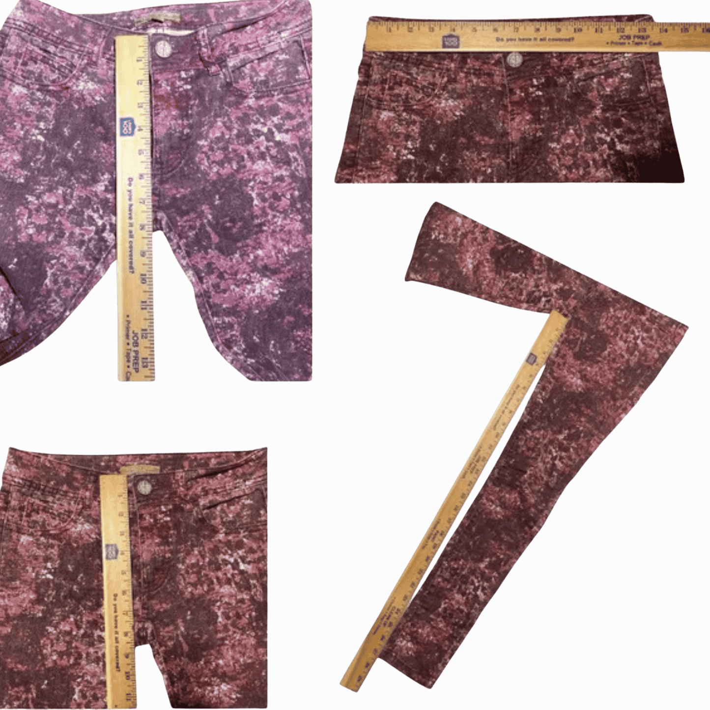 Collage of maroon patterned pants with a measuring tape for scale on a red background